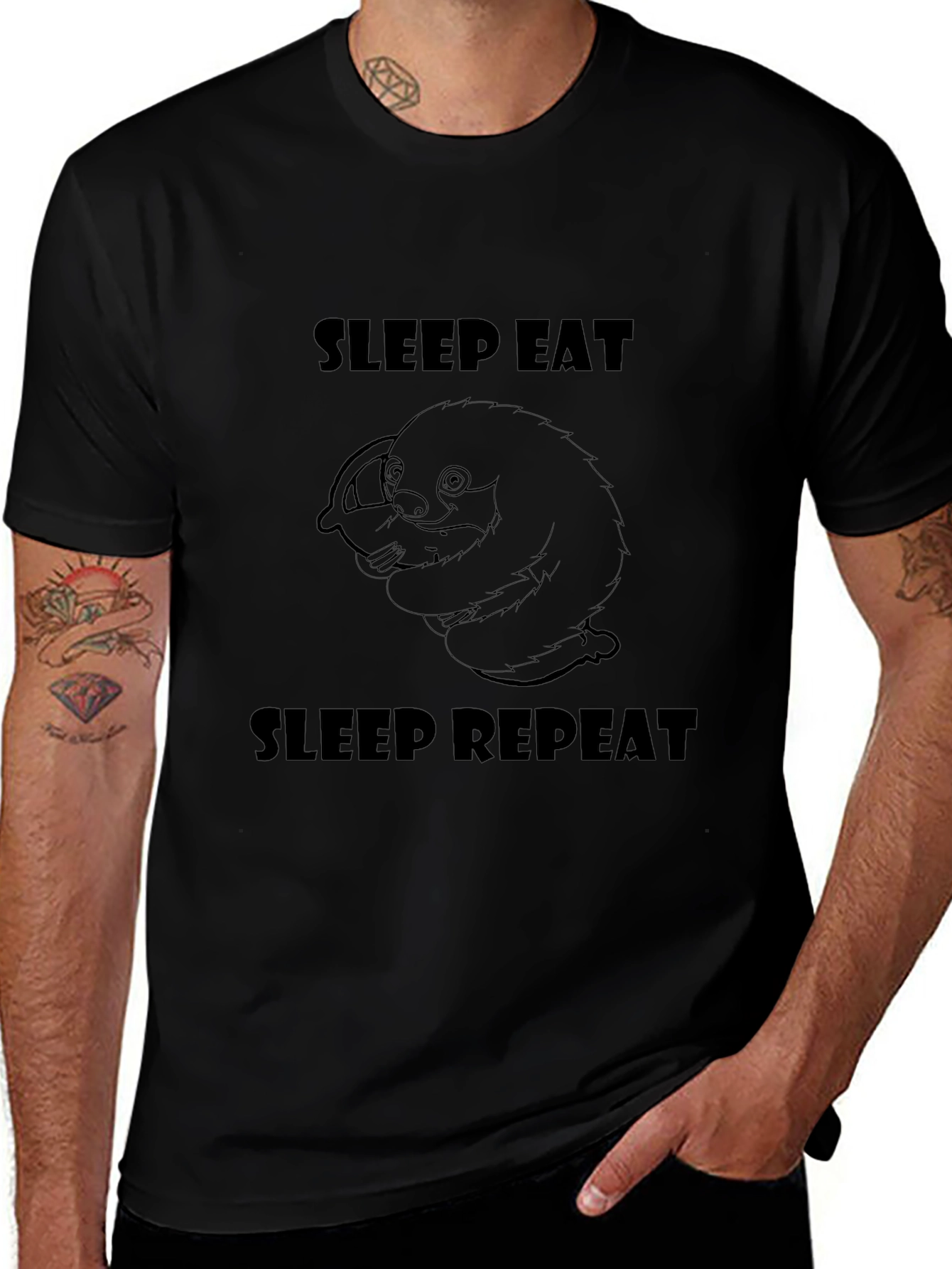 Sleep Eat Repeat Sloth Graphic Tee - Black