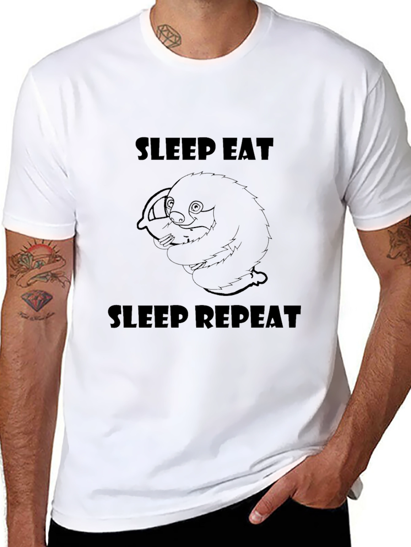Sleep Eat Repeat Sloth Graphic Tee - Black