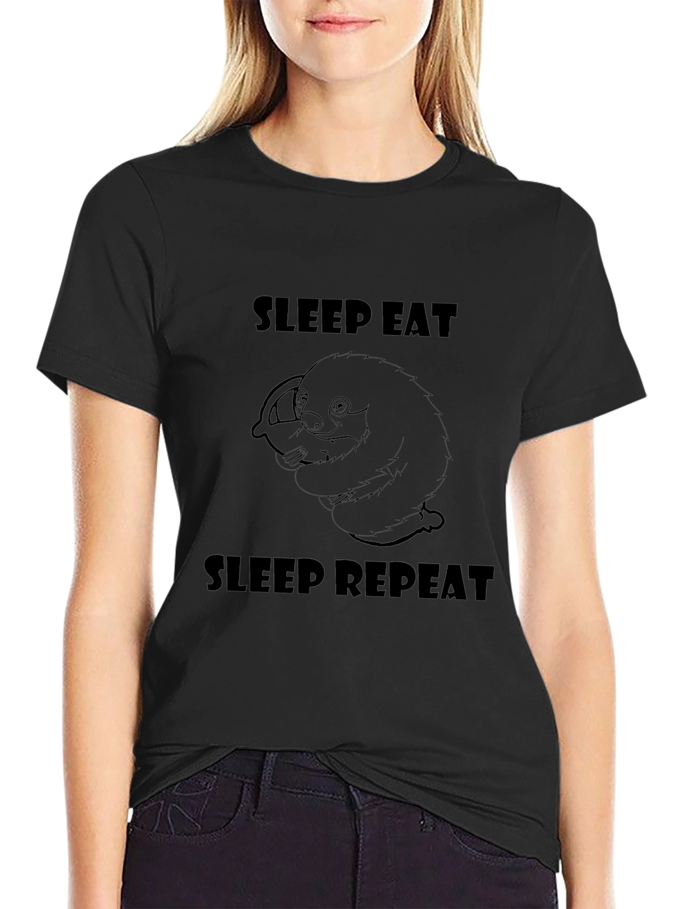 Sleep Eat Repeat Sloth Graphic Tee - Black
