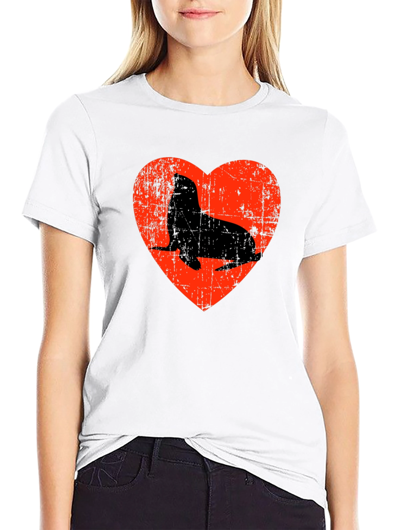 Seal Heart Distressed Graphic Black T-Shirt