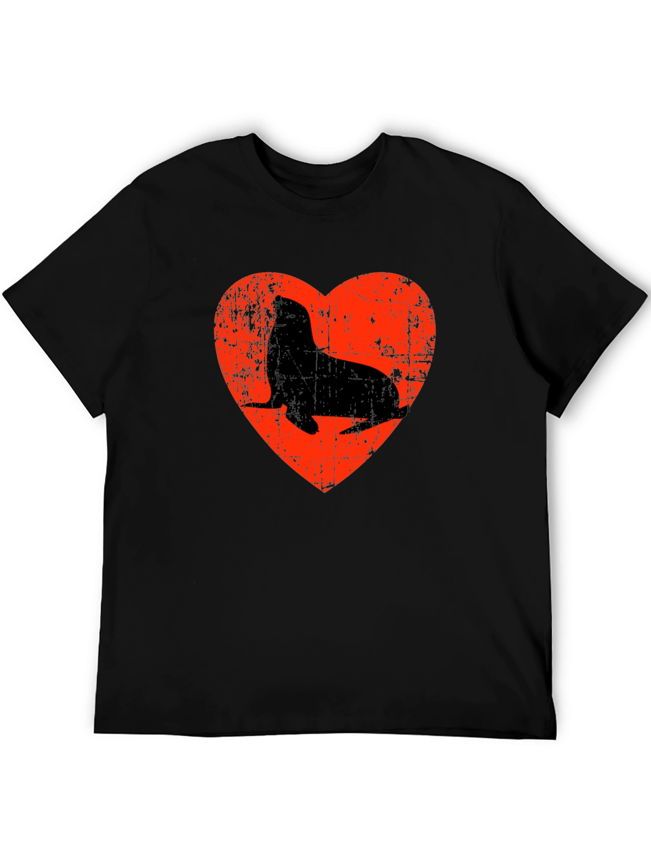 Seal Heart Distressed Graphic Black T-Shirt
