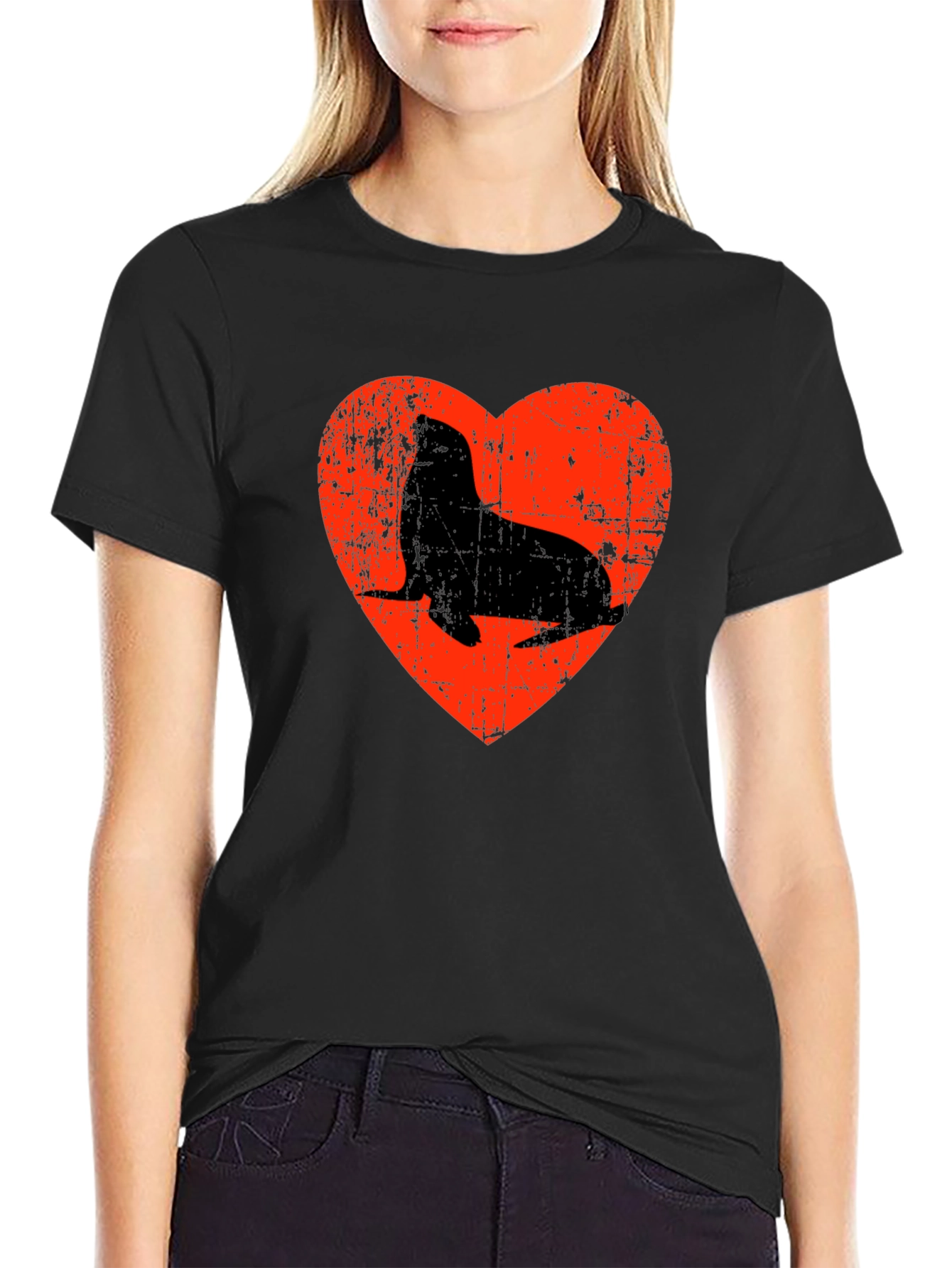 Seal Heart Distressed Graphic Black T-Shirt