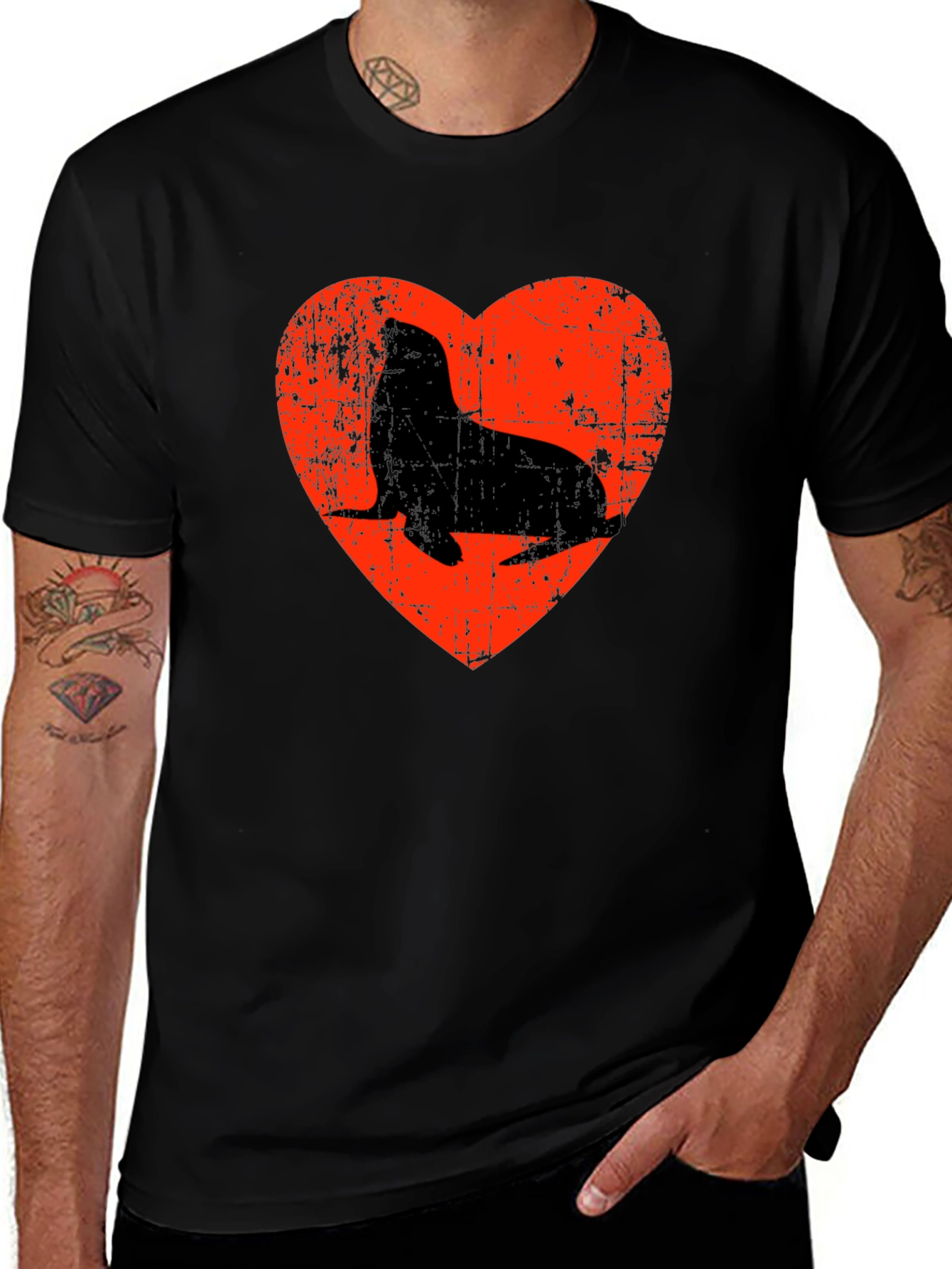 Seal Heart Distressed Graphic Black T-Shirt
