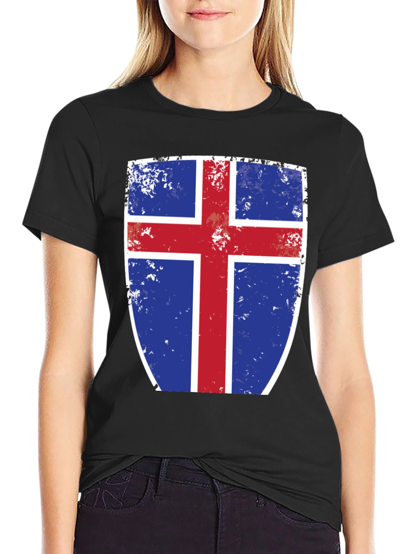 Icelandic Flag Shield Graphic Tee - Black Cotton T-Shirt