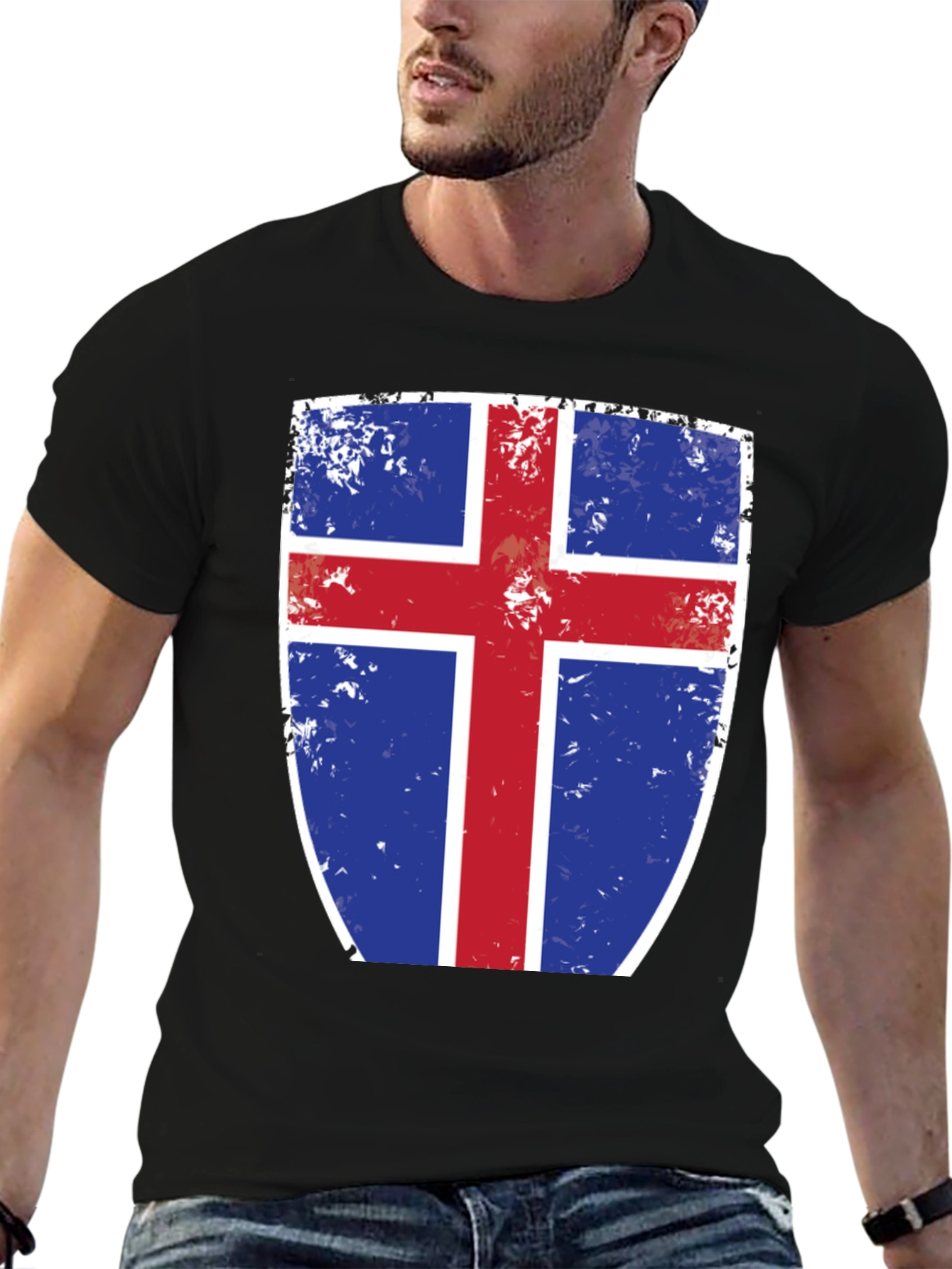 Icelandic Flag Shield Graphic Tee - Black Cotton T-Shirt