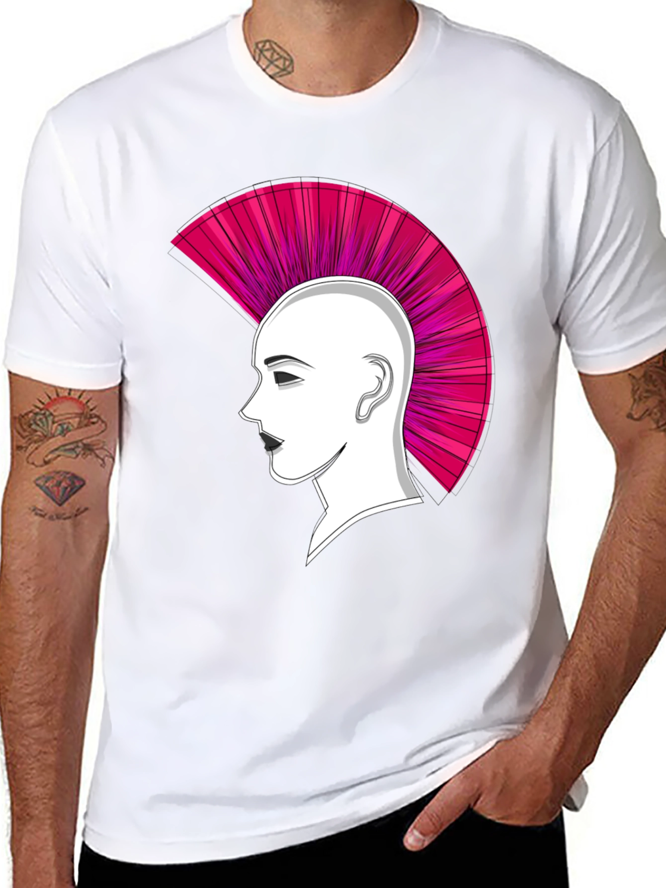 Punk Hairstyle Graphic Tee - Black Cotton T-Shirt
