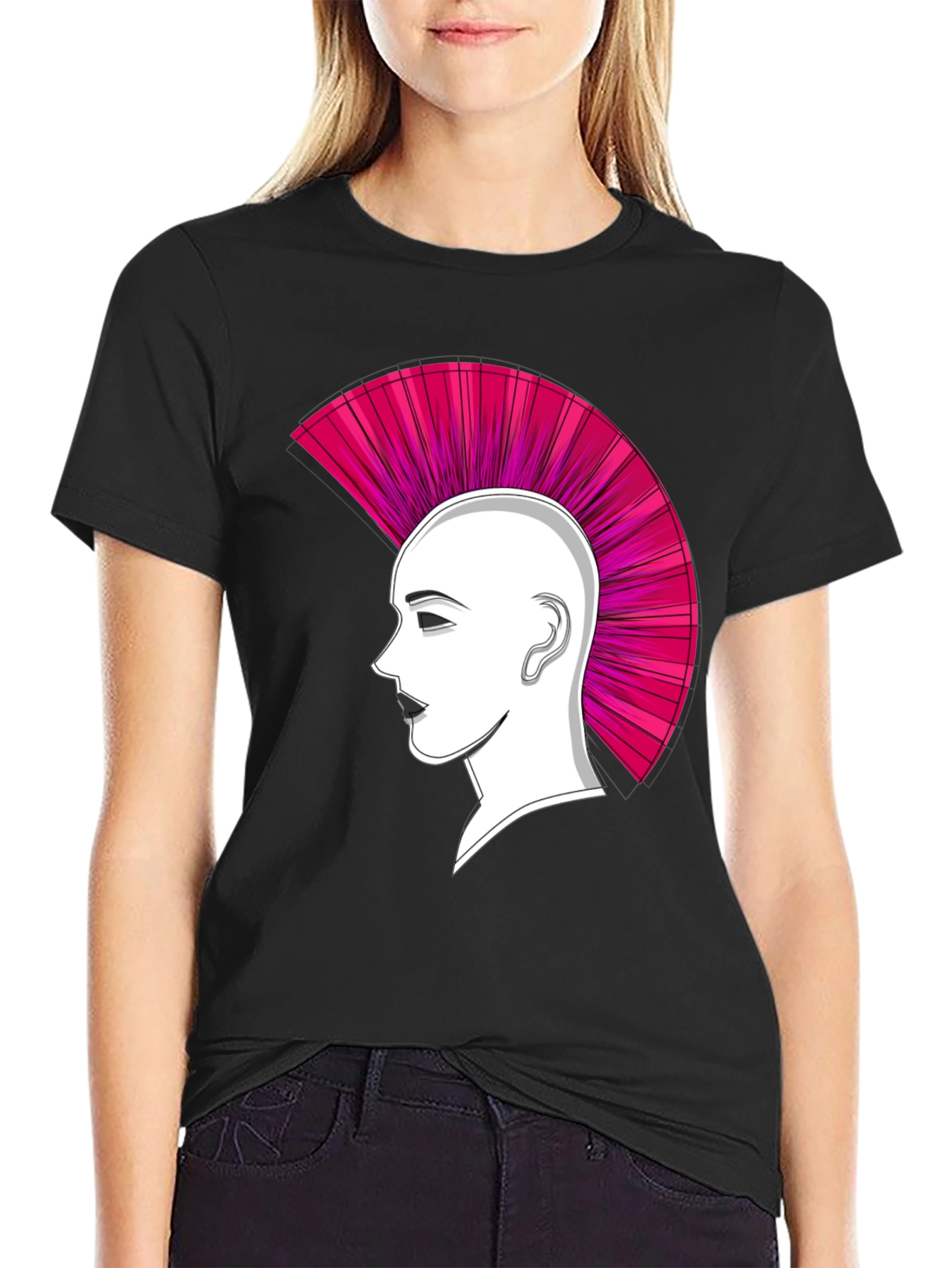 Punk Hairstyle Graphic Tee - Black Cotton T-Shirt