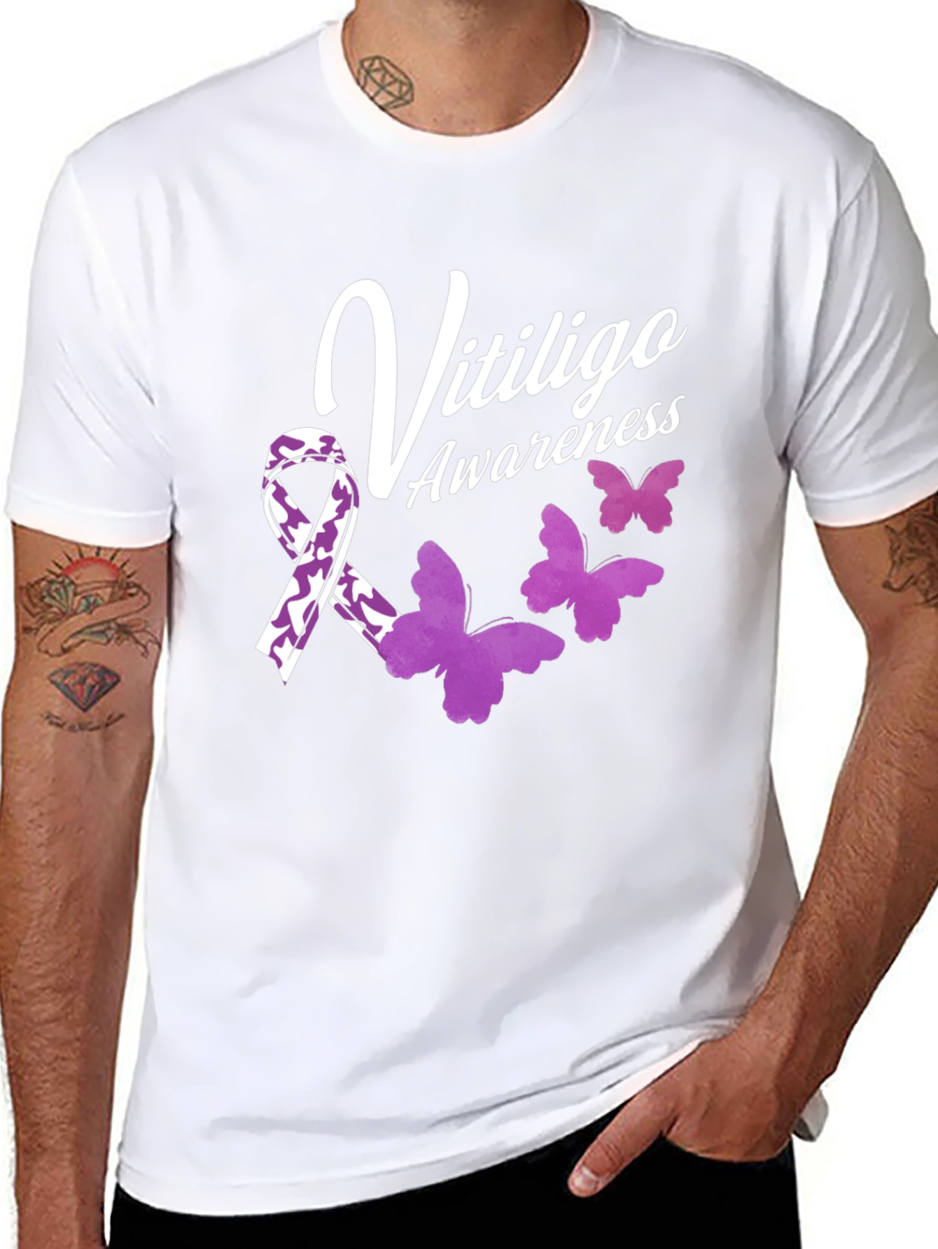 Vitiligo Awareness T-Shirt with Ribbon & Butterflies