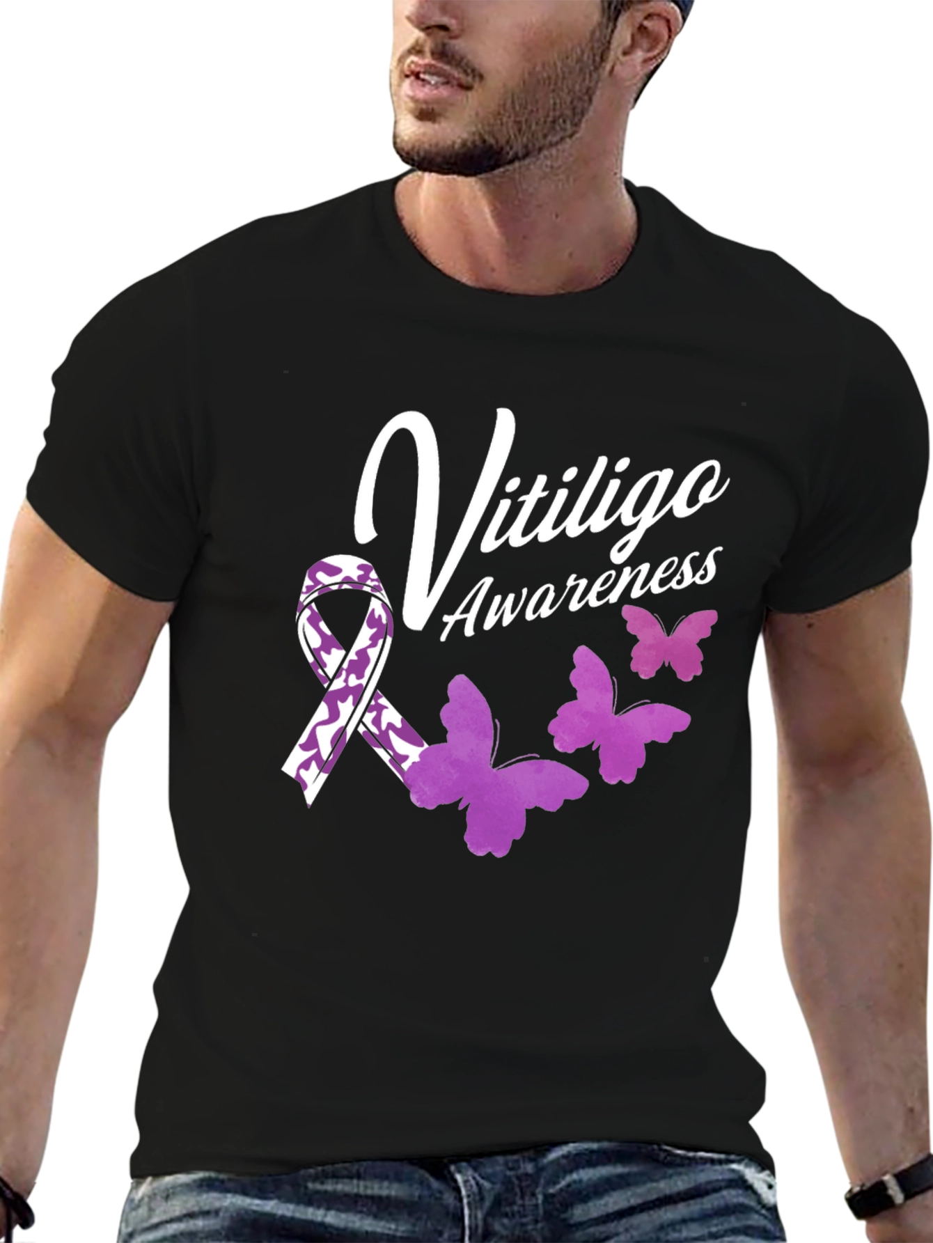 Vitiligo Awareness T-Shirt with Ribbon & Butterflies