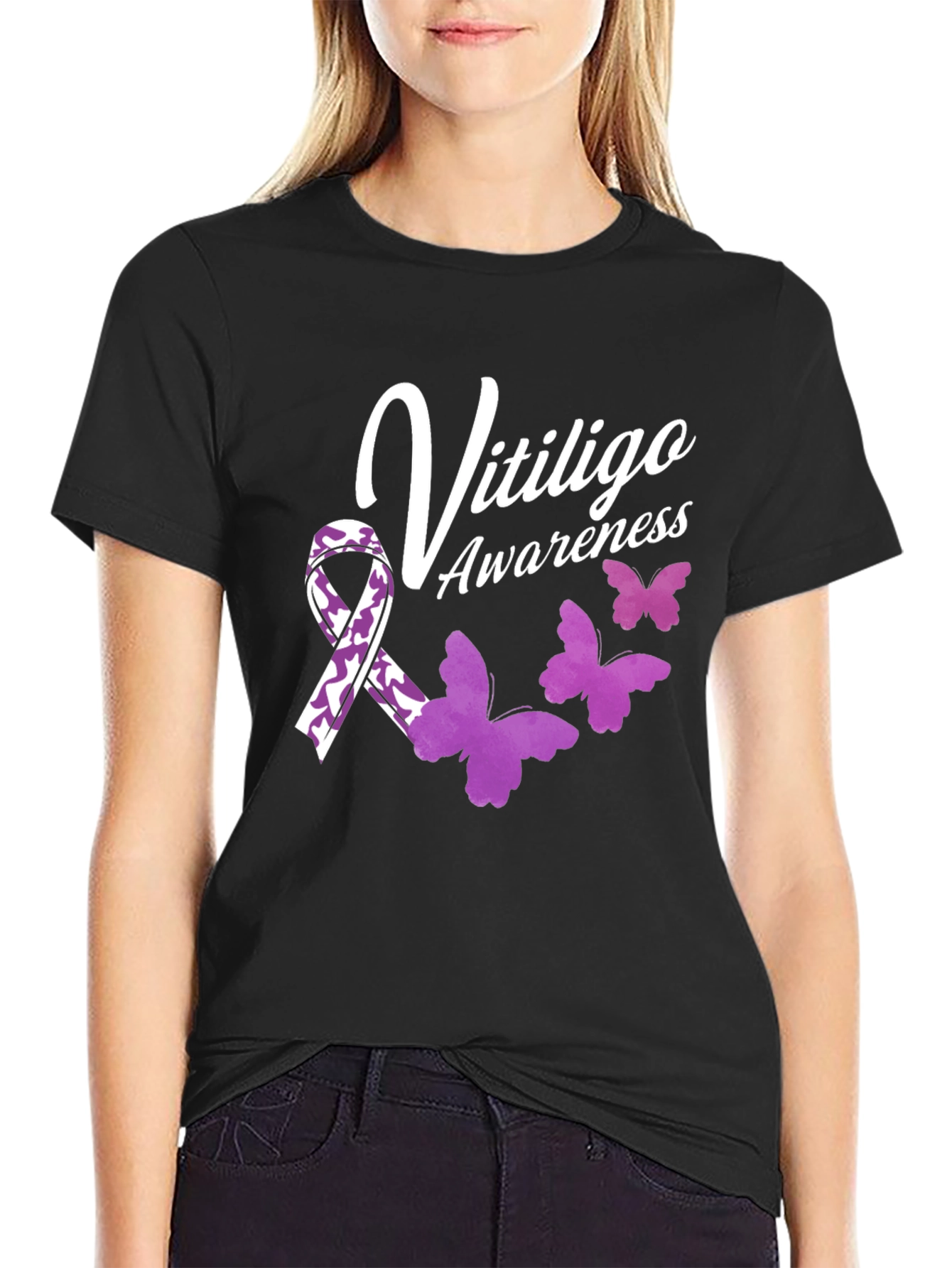 Vitiligo Awareness T-Shirt with Ribbon & Butterflies
