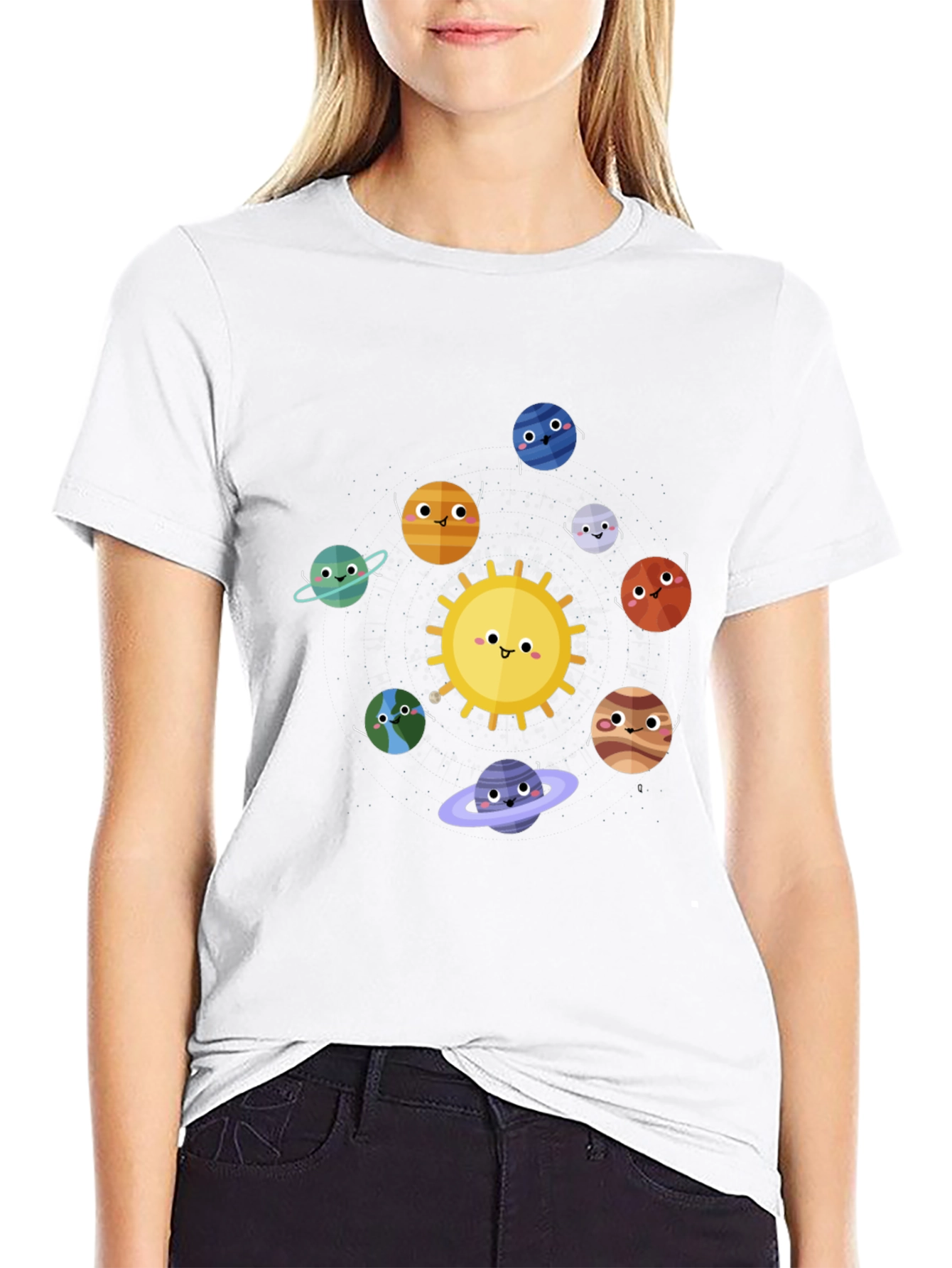 Solar System Cartoon Graphic Black T-Shirt