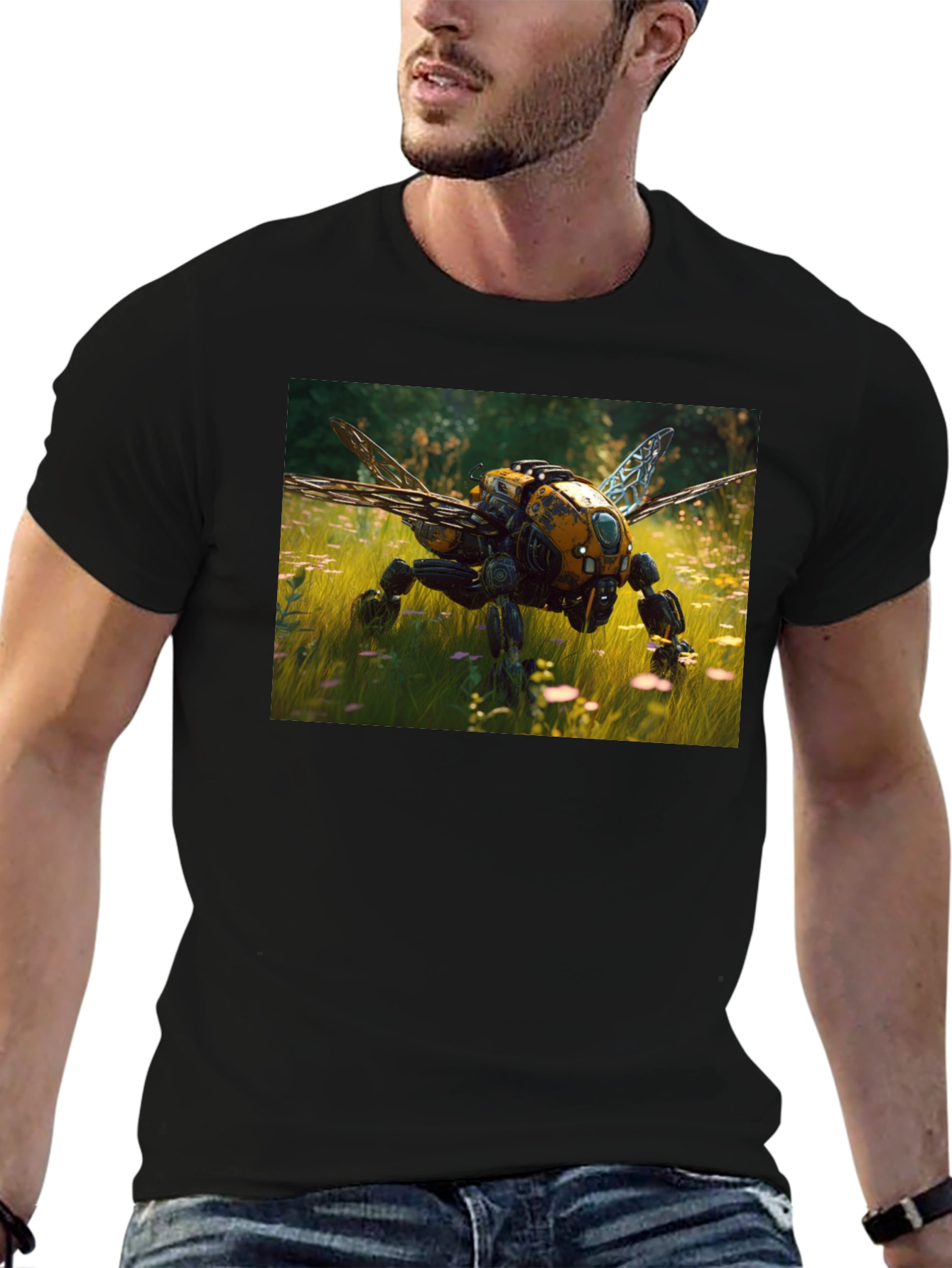 Robot Bee Graphic T-Shirt - Black