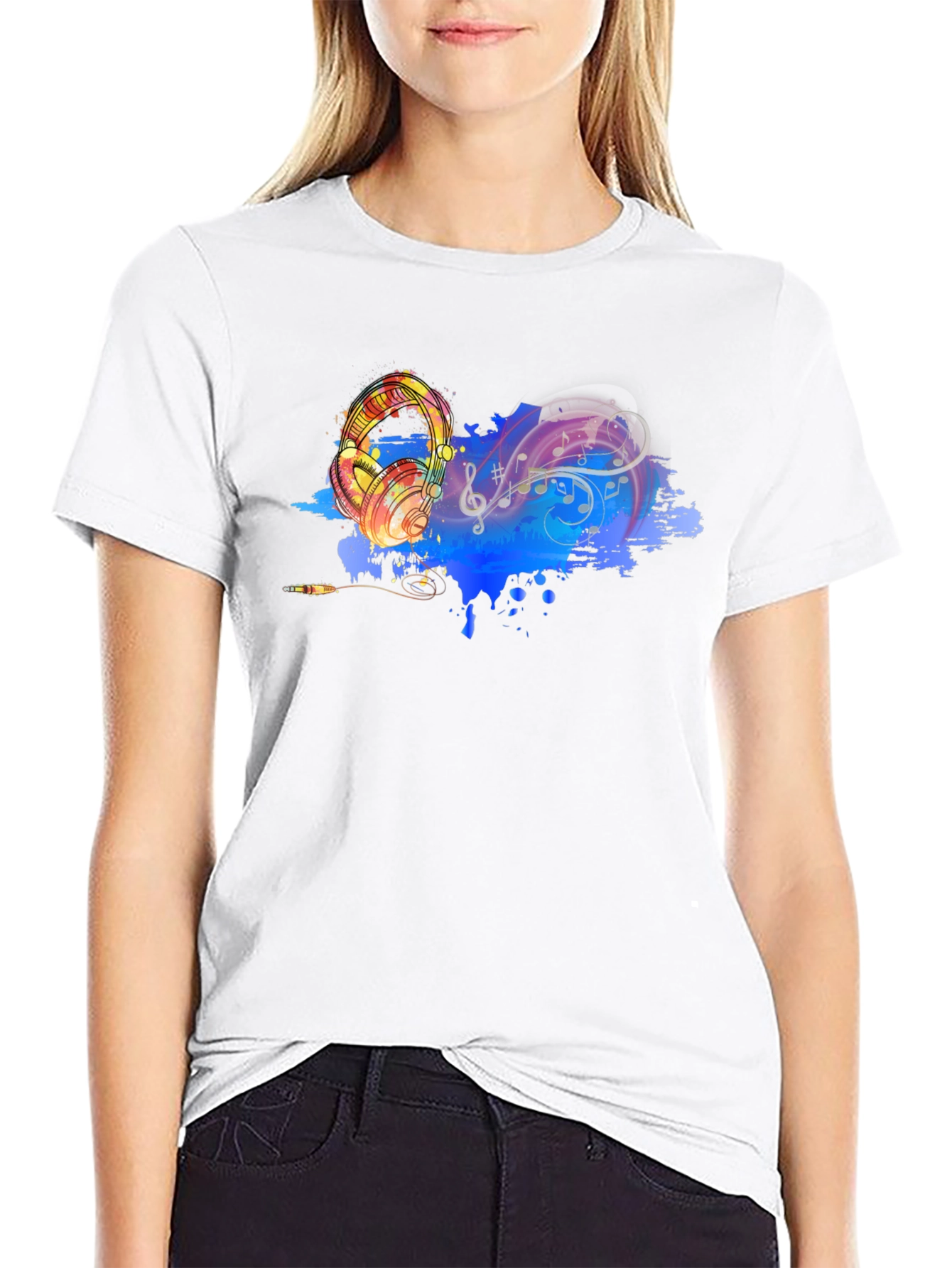 Music Lovers Graphic Tee - Headphones & Notes Design