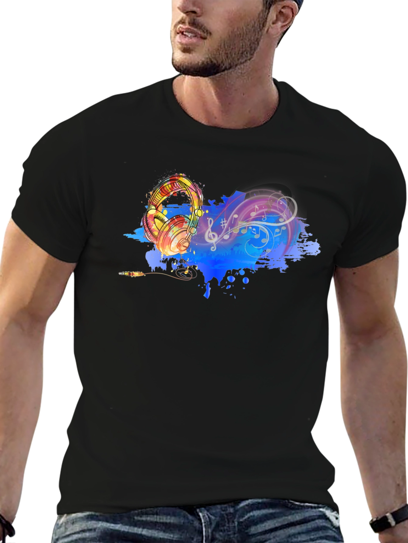 Music Lovers Graphic Tee - Headphones & Notes Design
