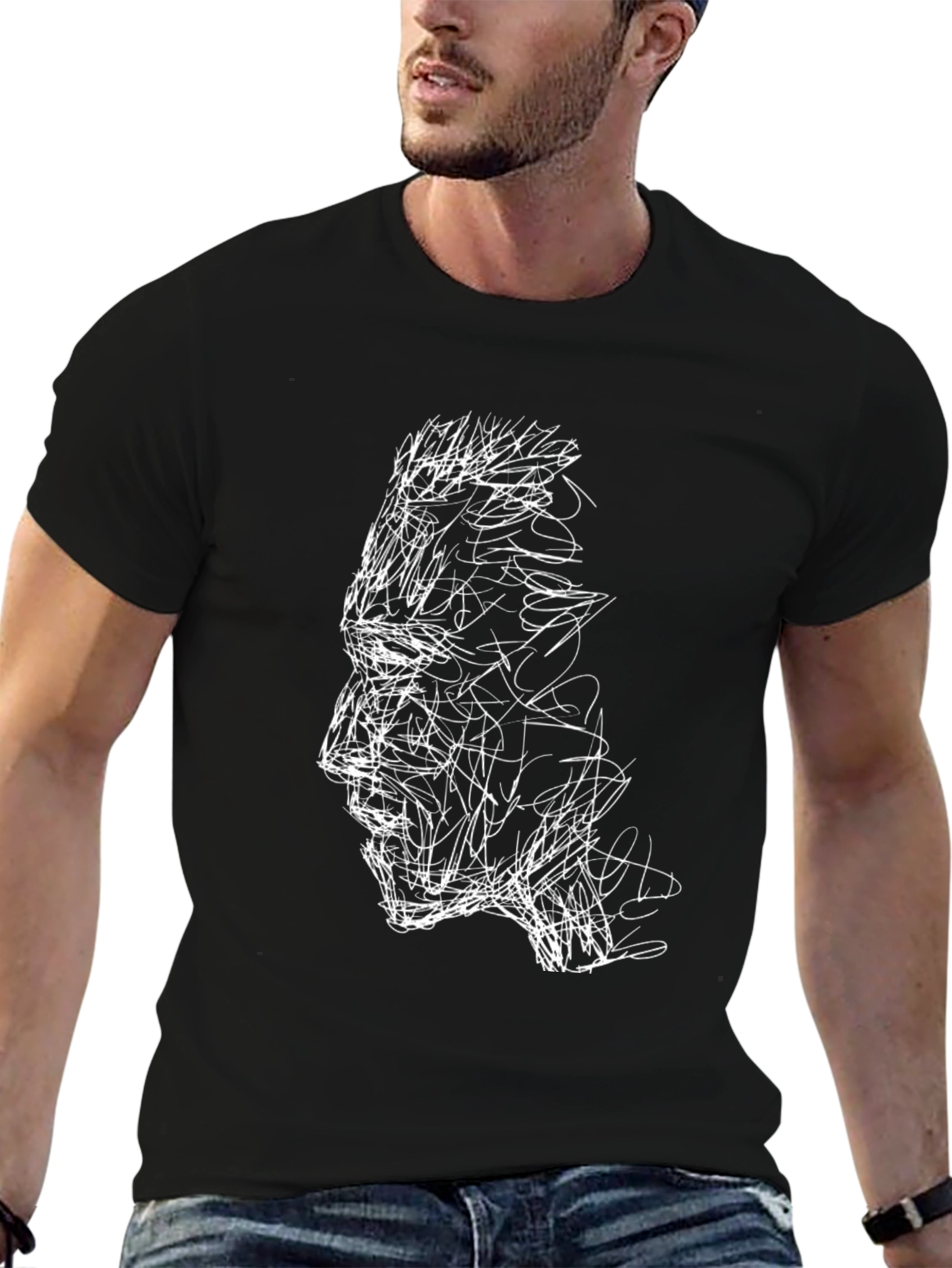 Abstract Face Graphic Tee - Stylish Black T-Shirt