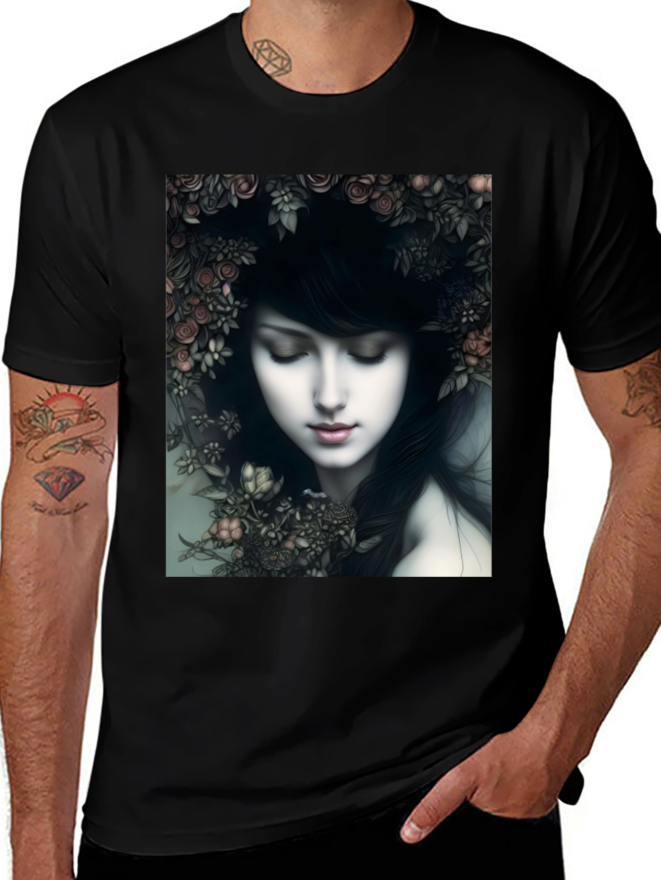 Floral Woman Graphic Black T-Shirt