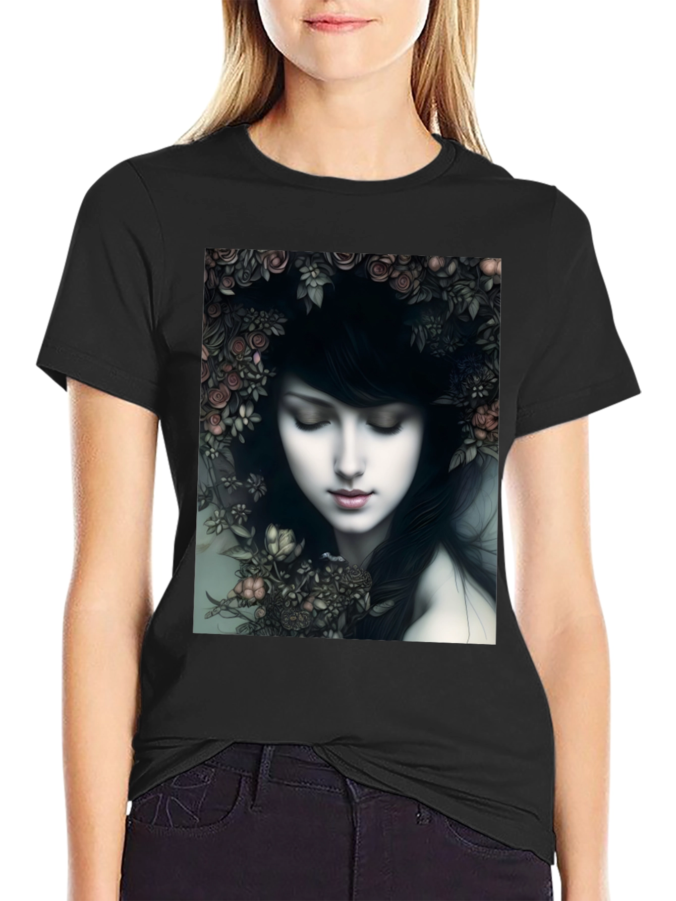 Floral Woman Graphic Black T-Shirt