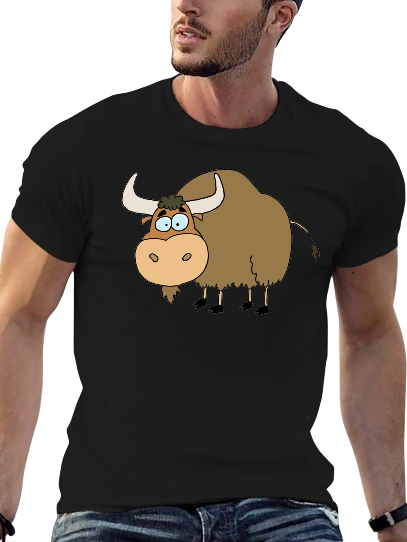 Cartoon Yak Graphic Tee - Black Cotton T-Shirt