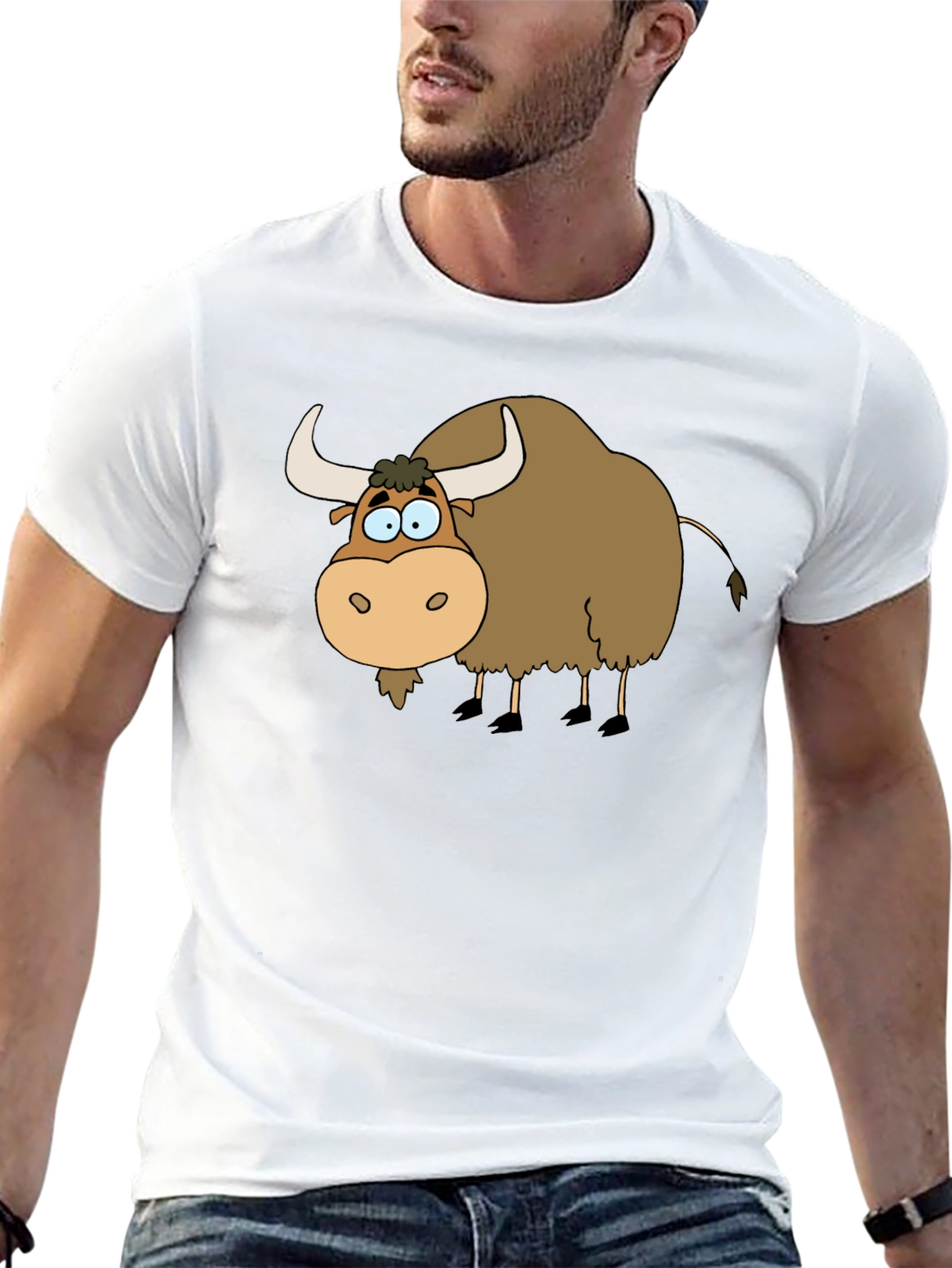 Cartoon Yak Graphic Tee - Black Cotton T-Shirt