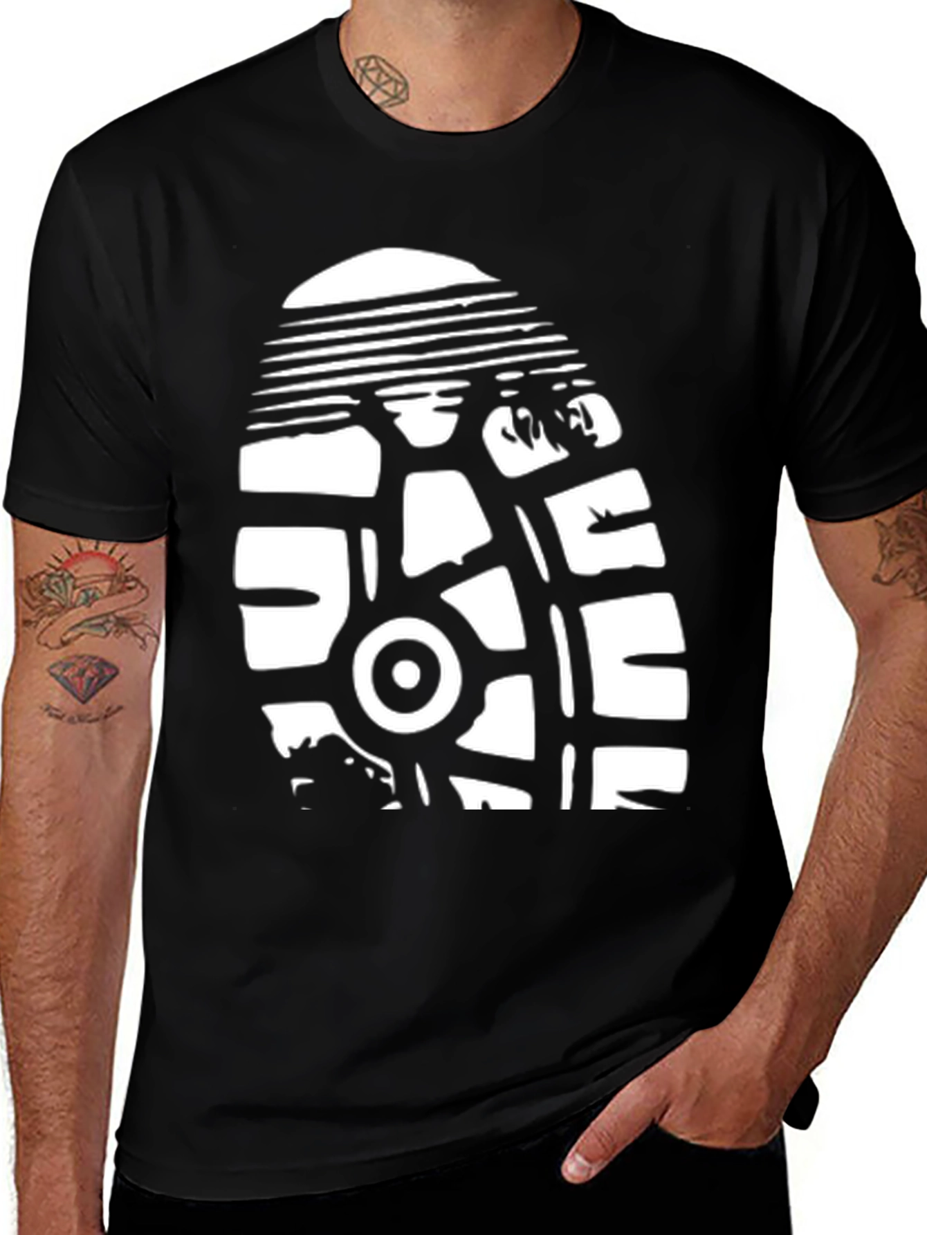 Black T-Shirt with White Shoe Tread Graphic Print