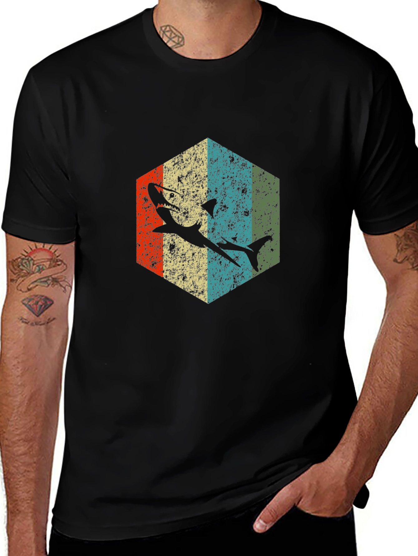 Retro Shark Graphic Tee - Black Cotton Blend