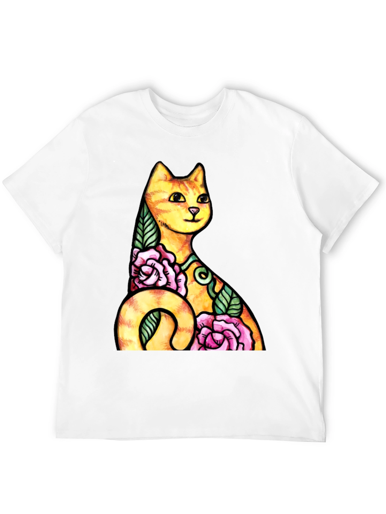 Cat & Roses Graphic Tee - Mens Black T-Shirt