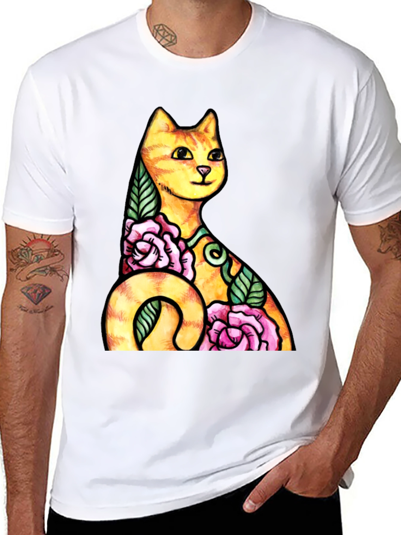 Cat & Roses Graphic Tee - Mens Black T-Shirt