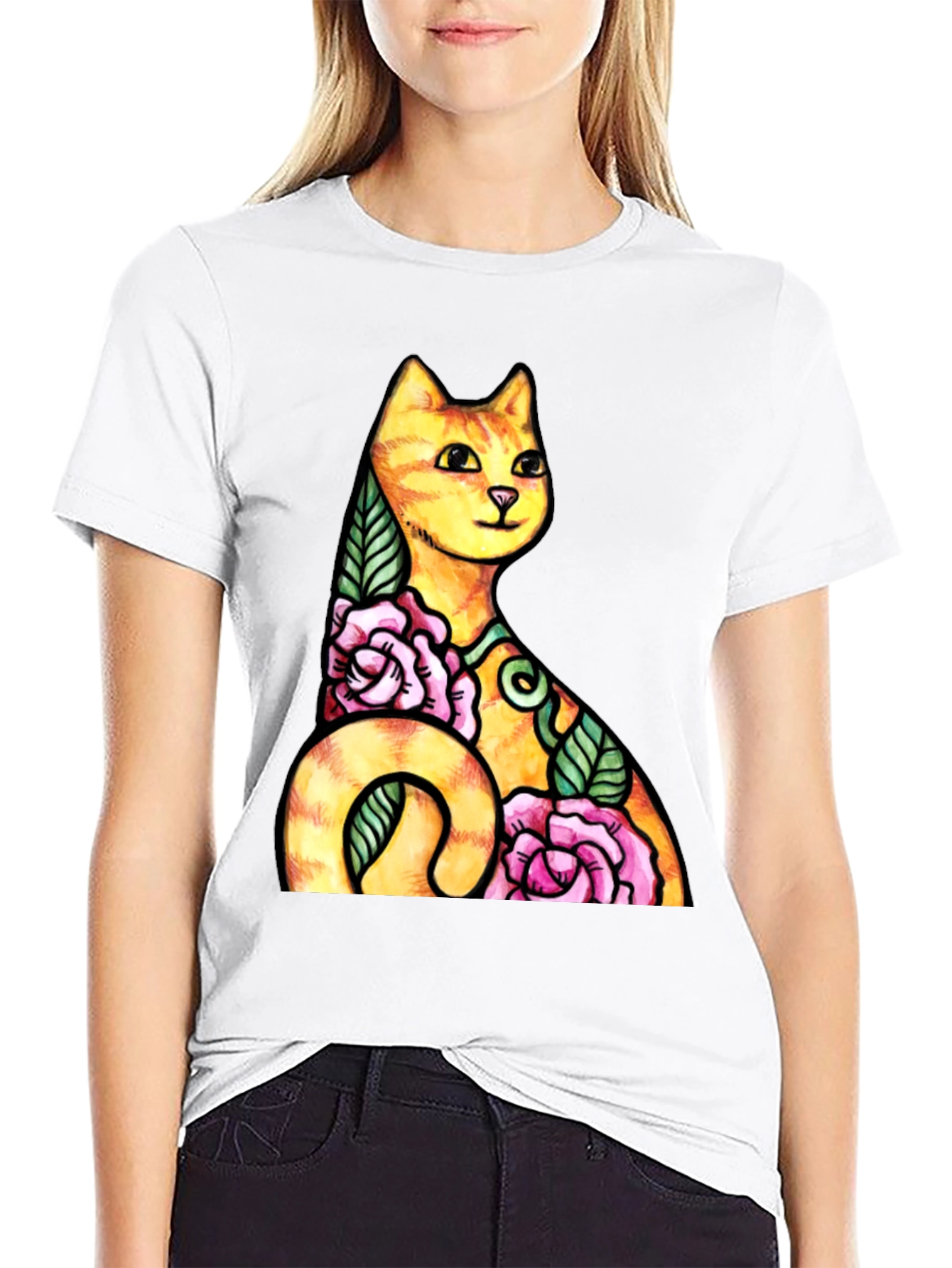 Cat & Roses Graphic Tee - Mens Black T-Shirt
