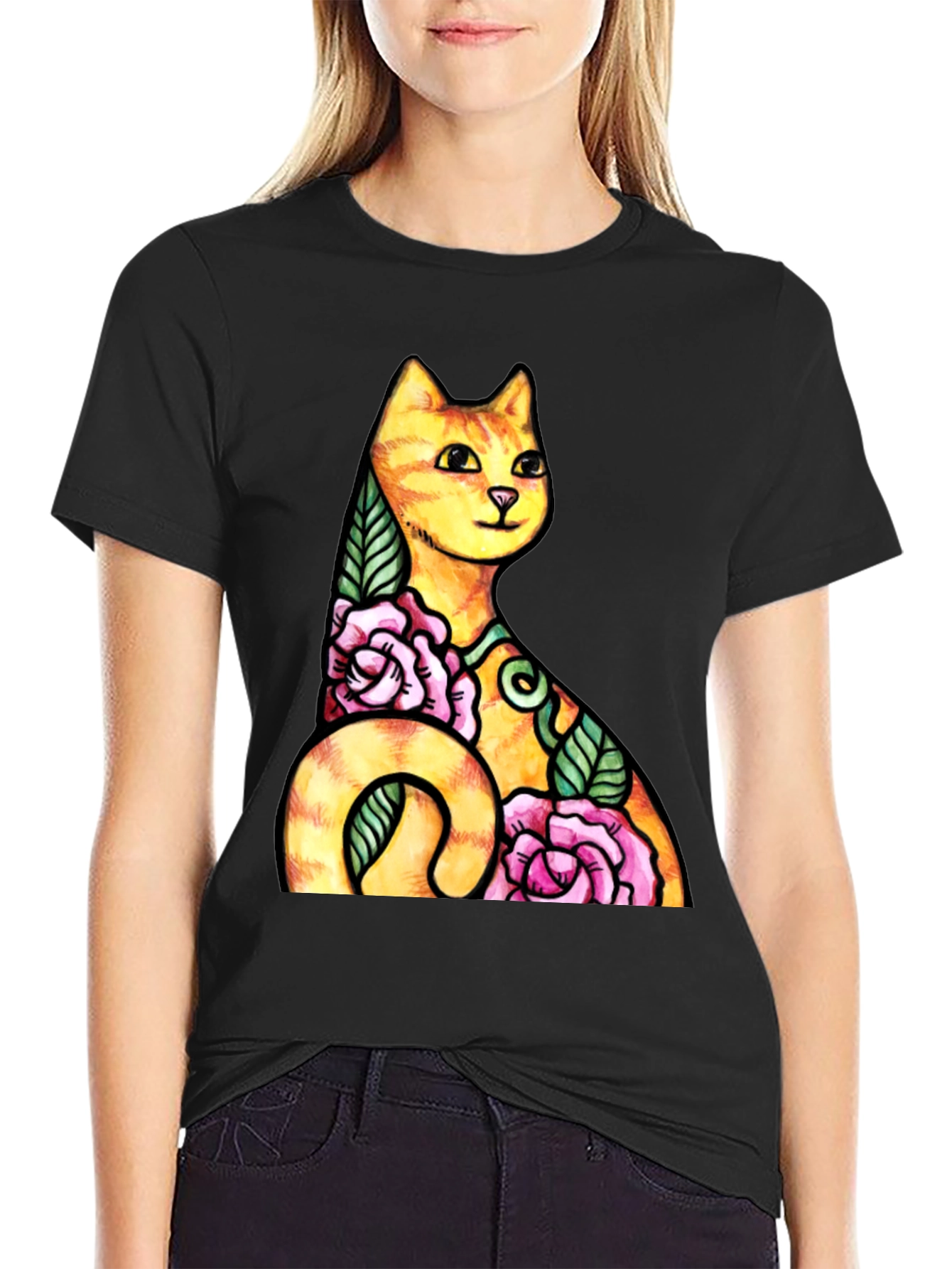 Cat & Roses Graphic Tee - Mens Black T-Shirt