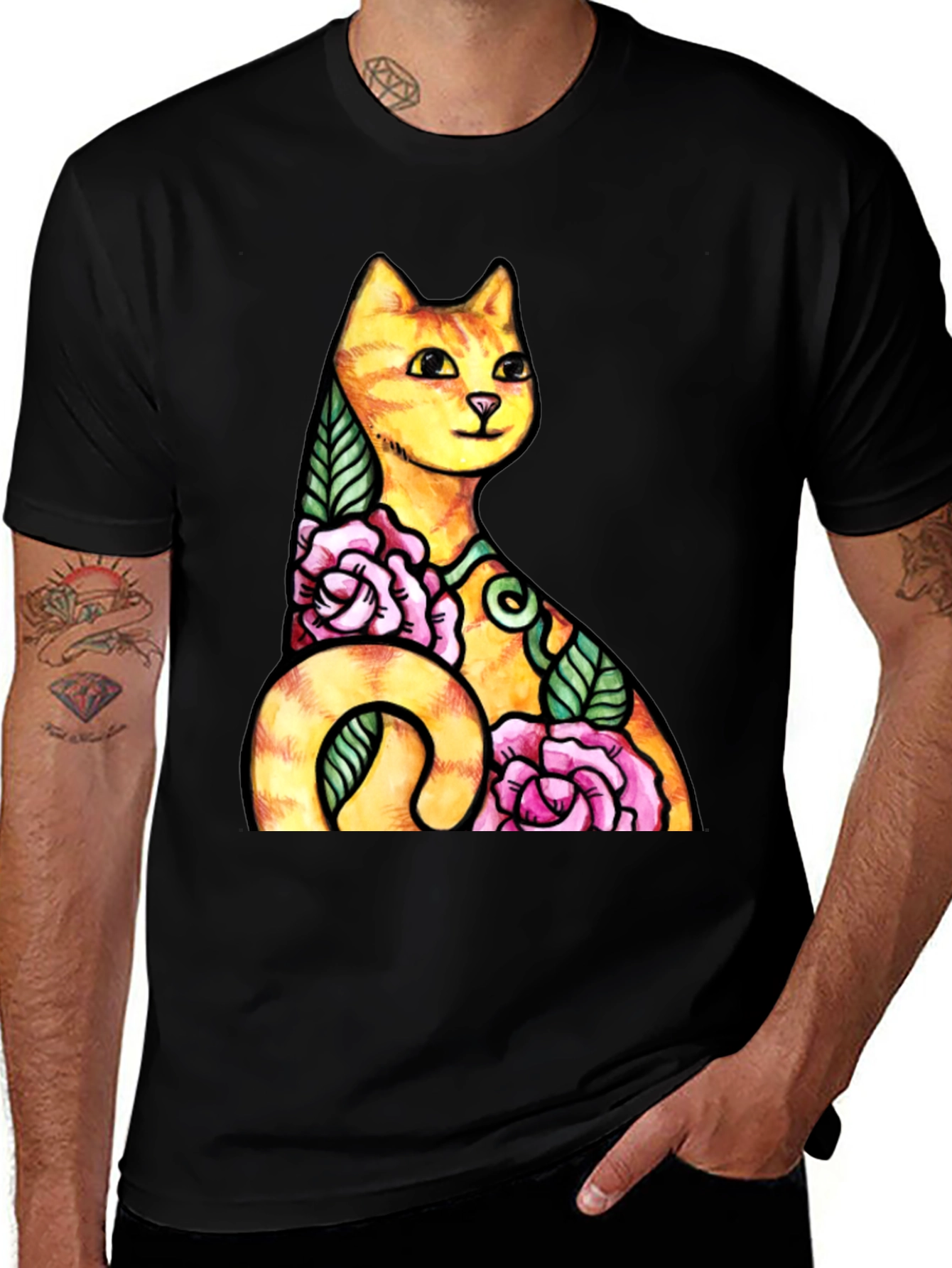 Cat & Roses Graphic Tee - Mens Black T-Shirt