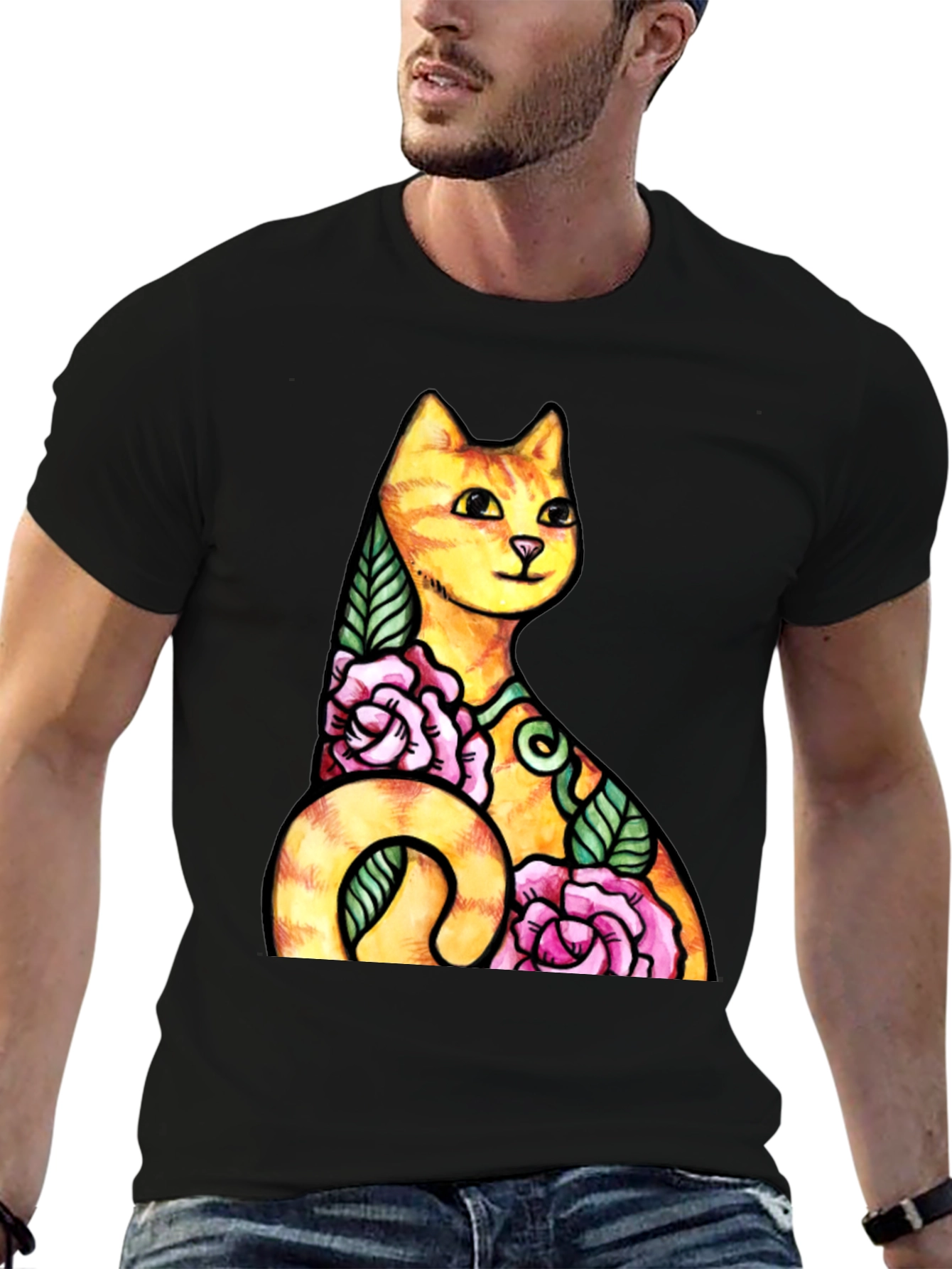 Cat & Roses Graphic Tee - Mens Black T-Shirt