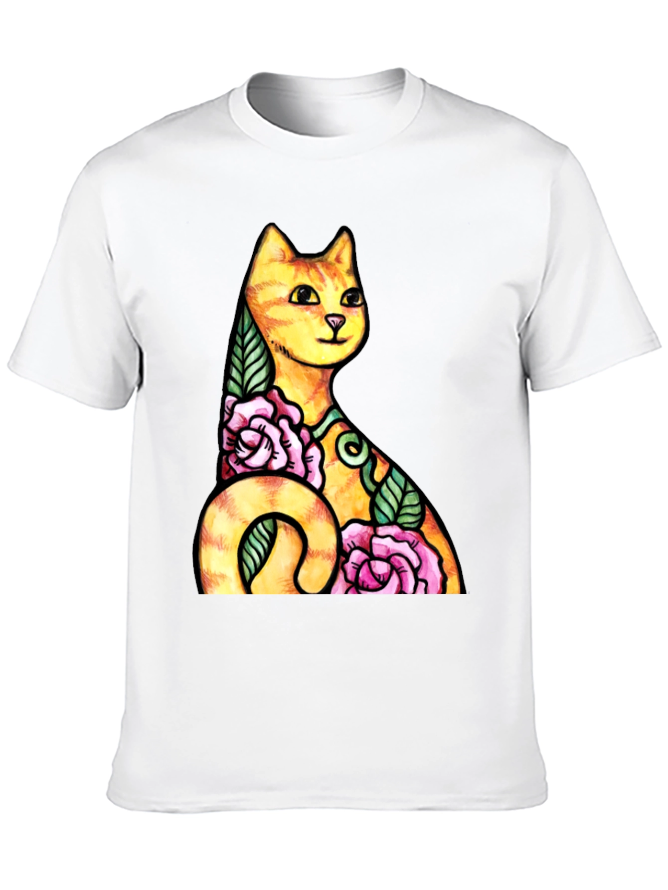 Cat & Roses Graphic Tee - Mens Black T-Shirt