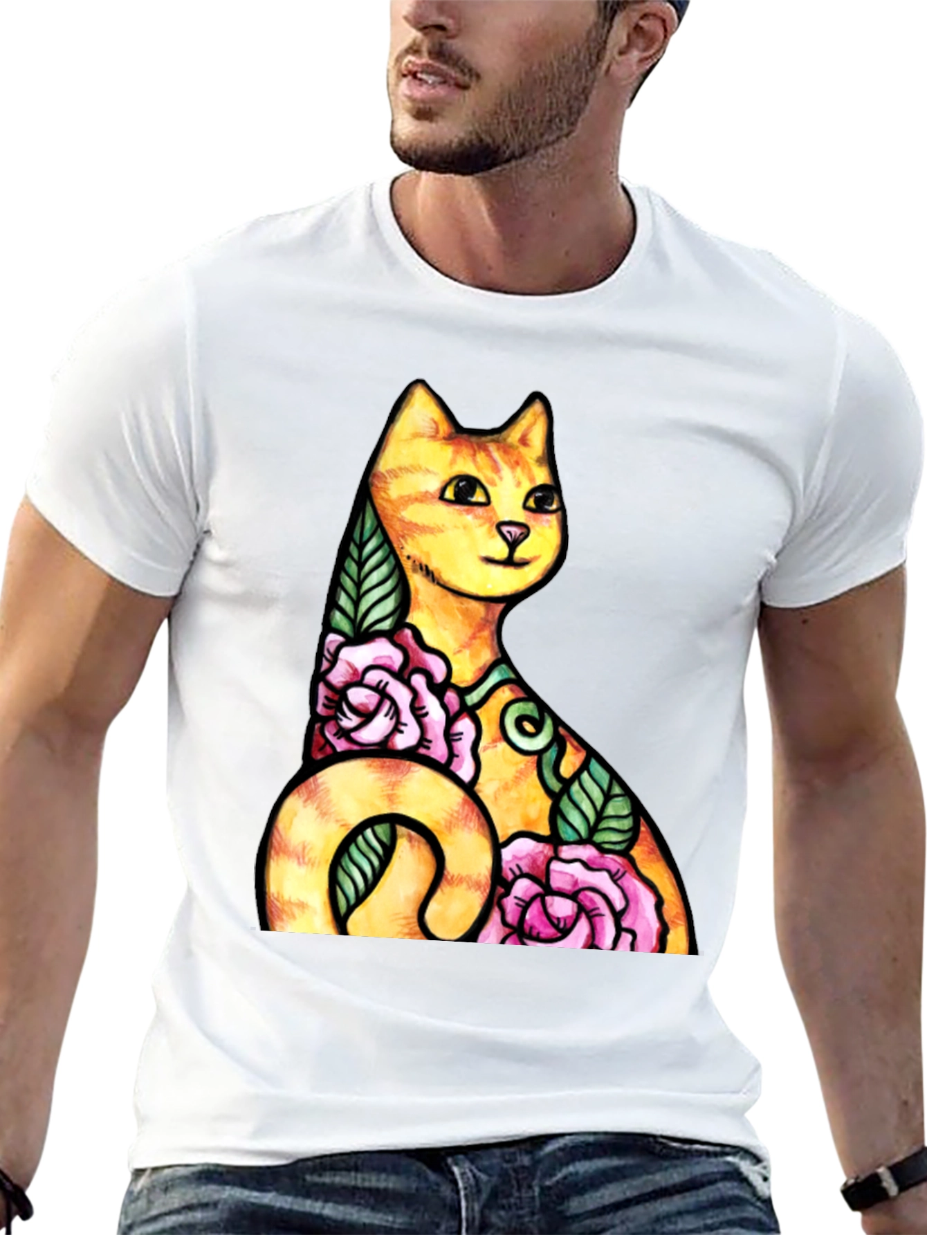 Cat & Roses Graphic Tee - Mens Black T-Shirt