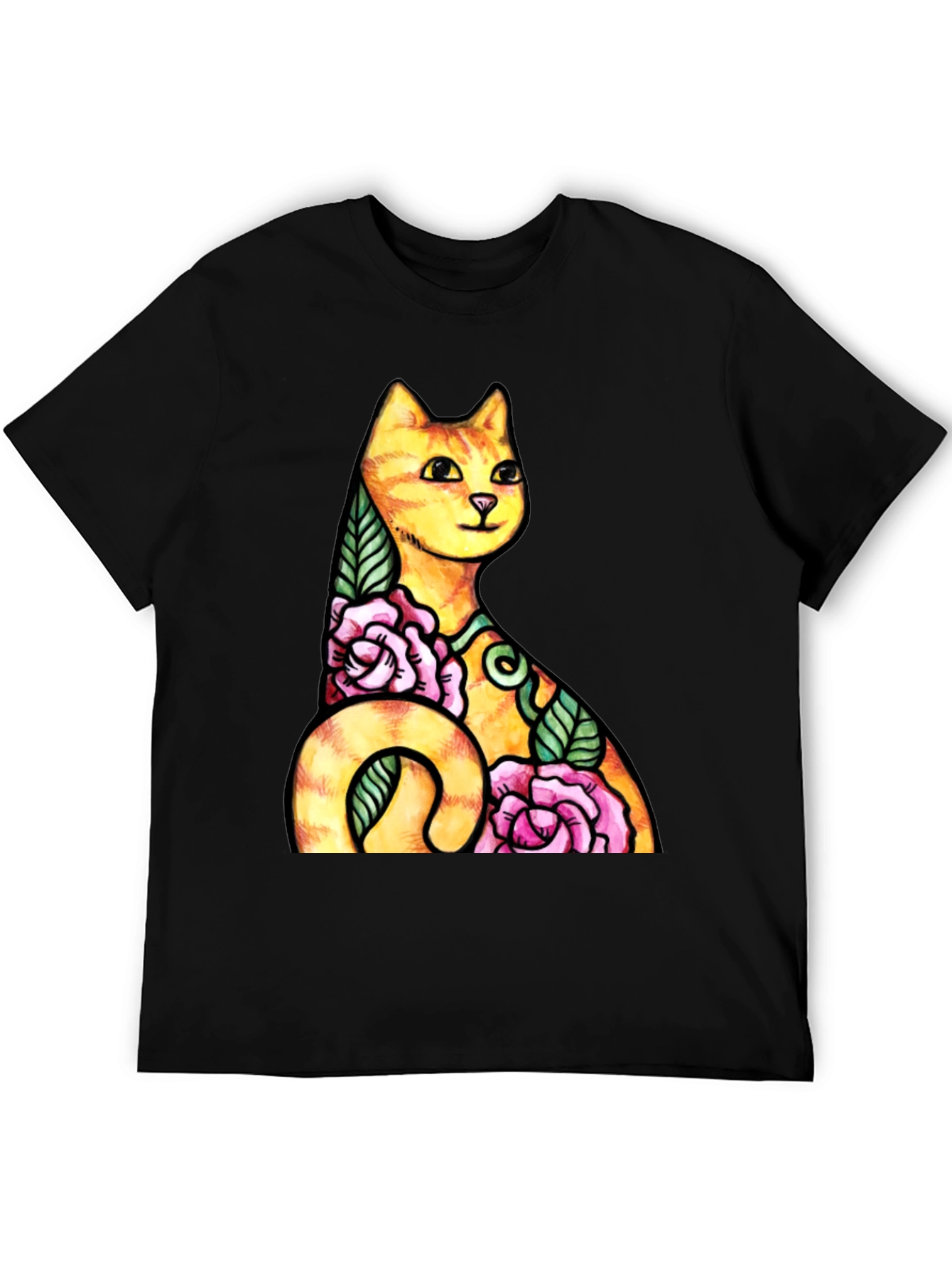 Cat & Roses Graphic Tee - Mens Black T-Shirt