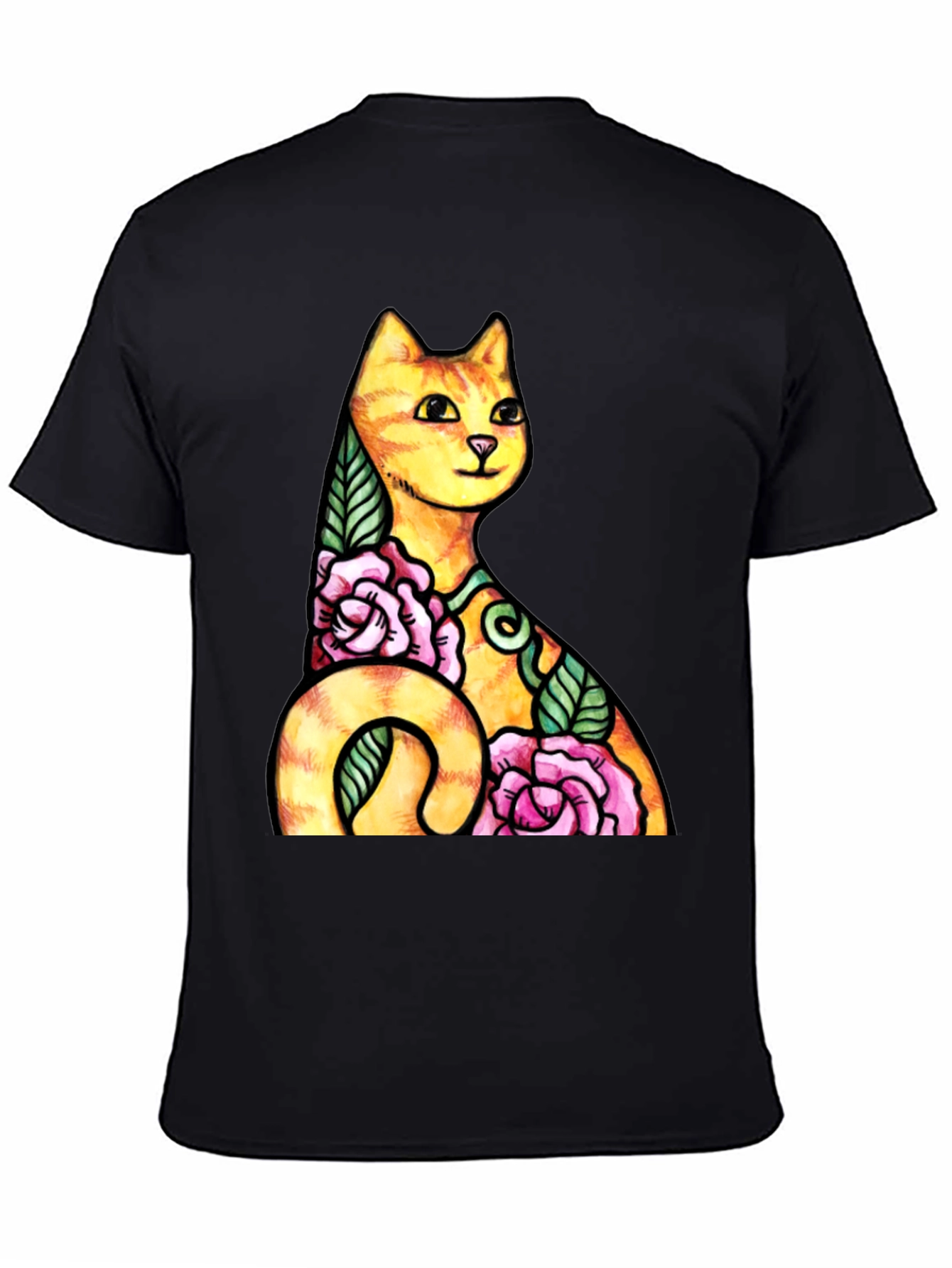 Cat & Roses Graphic Tee - Mens Black T-Shirt