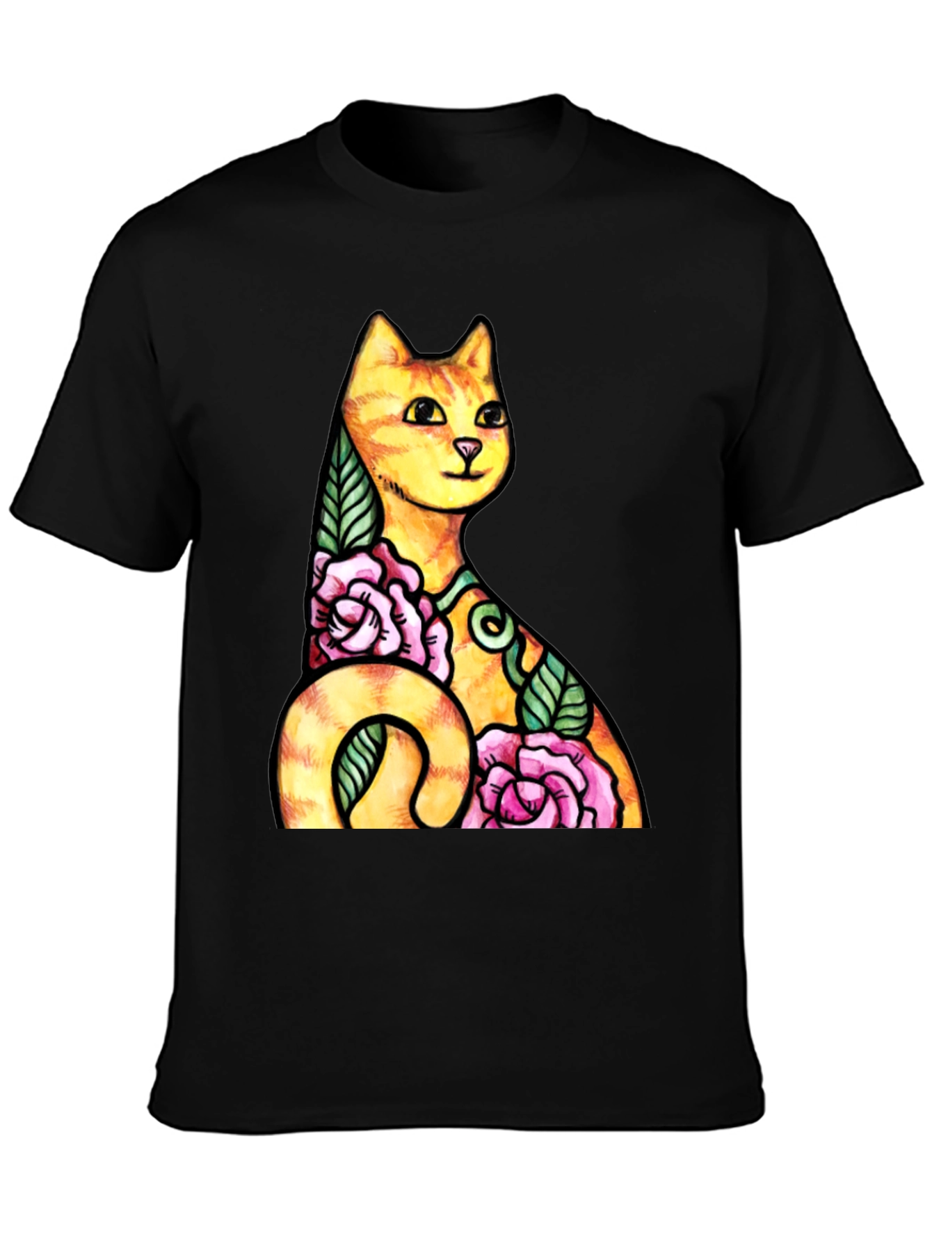 Cat & Roses Graphic Tee - Mens Black T-Shirt