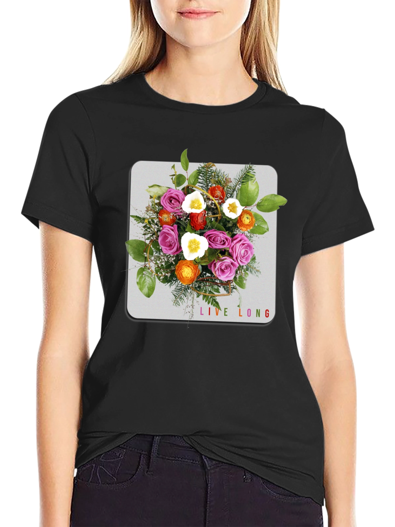 Floral Bouquet Graphic Black T-Shirt