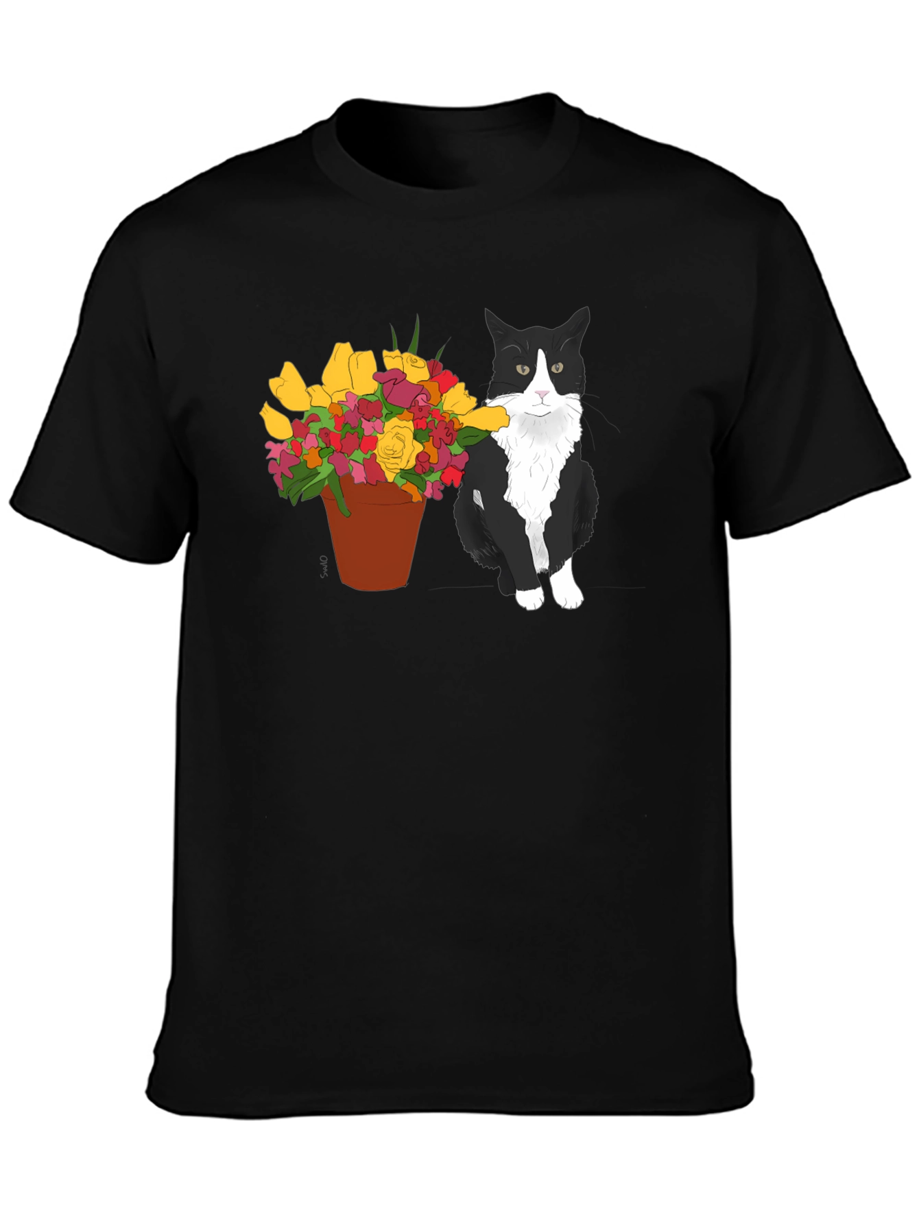 Cat with Flowers Graphic T-Shirt
