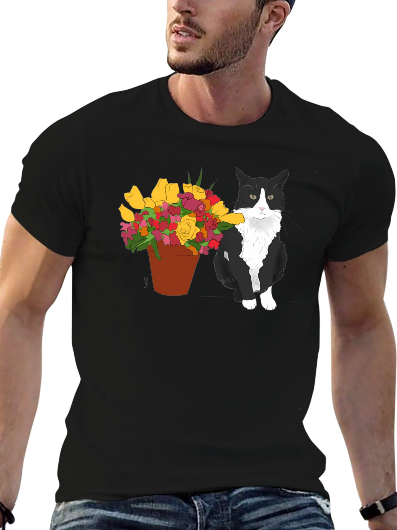 Cat with Flowers Graphic T-Shirt
