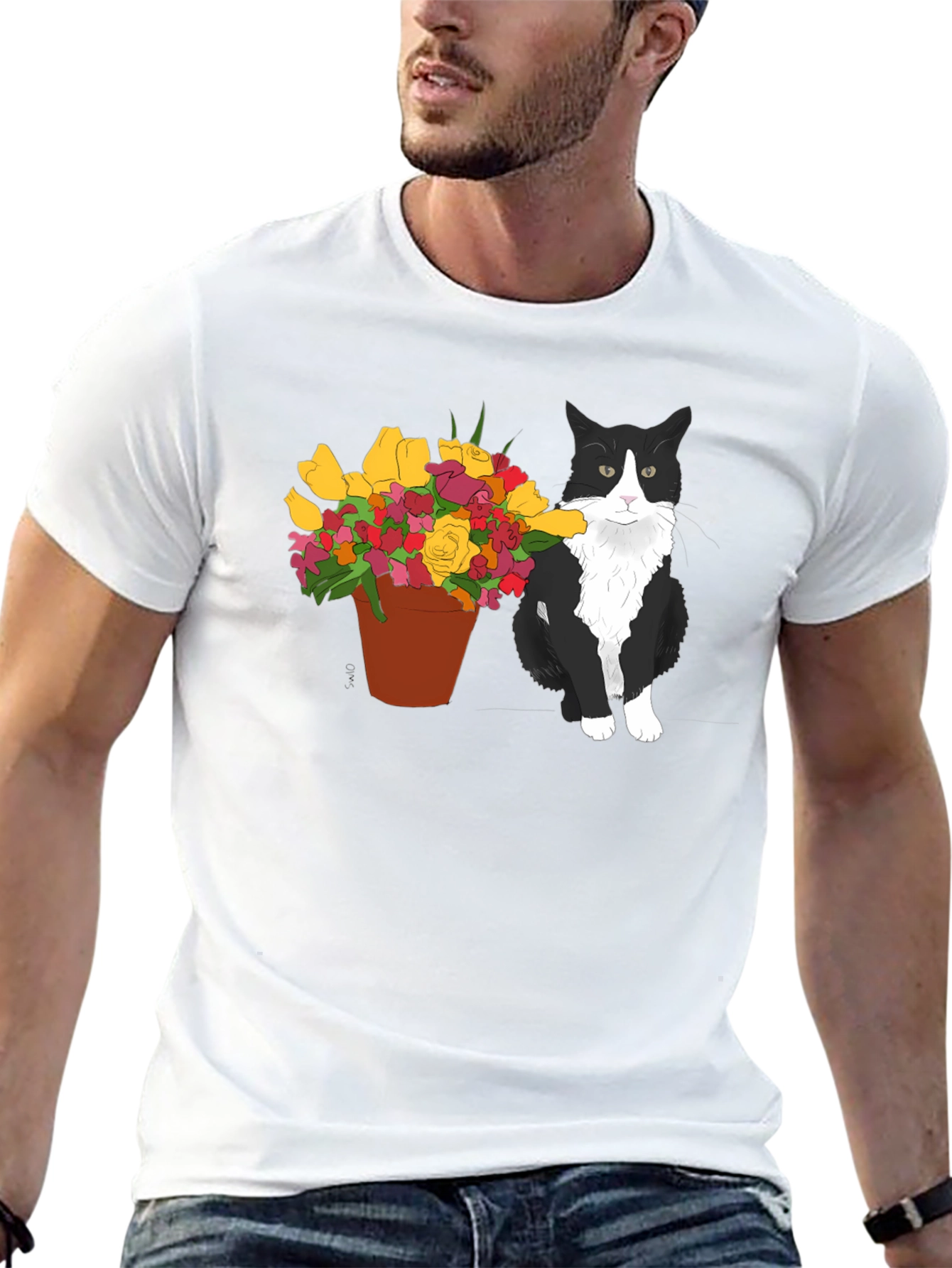 Cat with Flowers Graphic T-Shirt