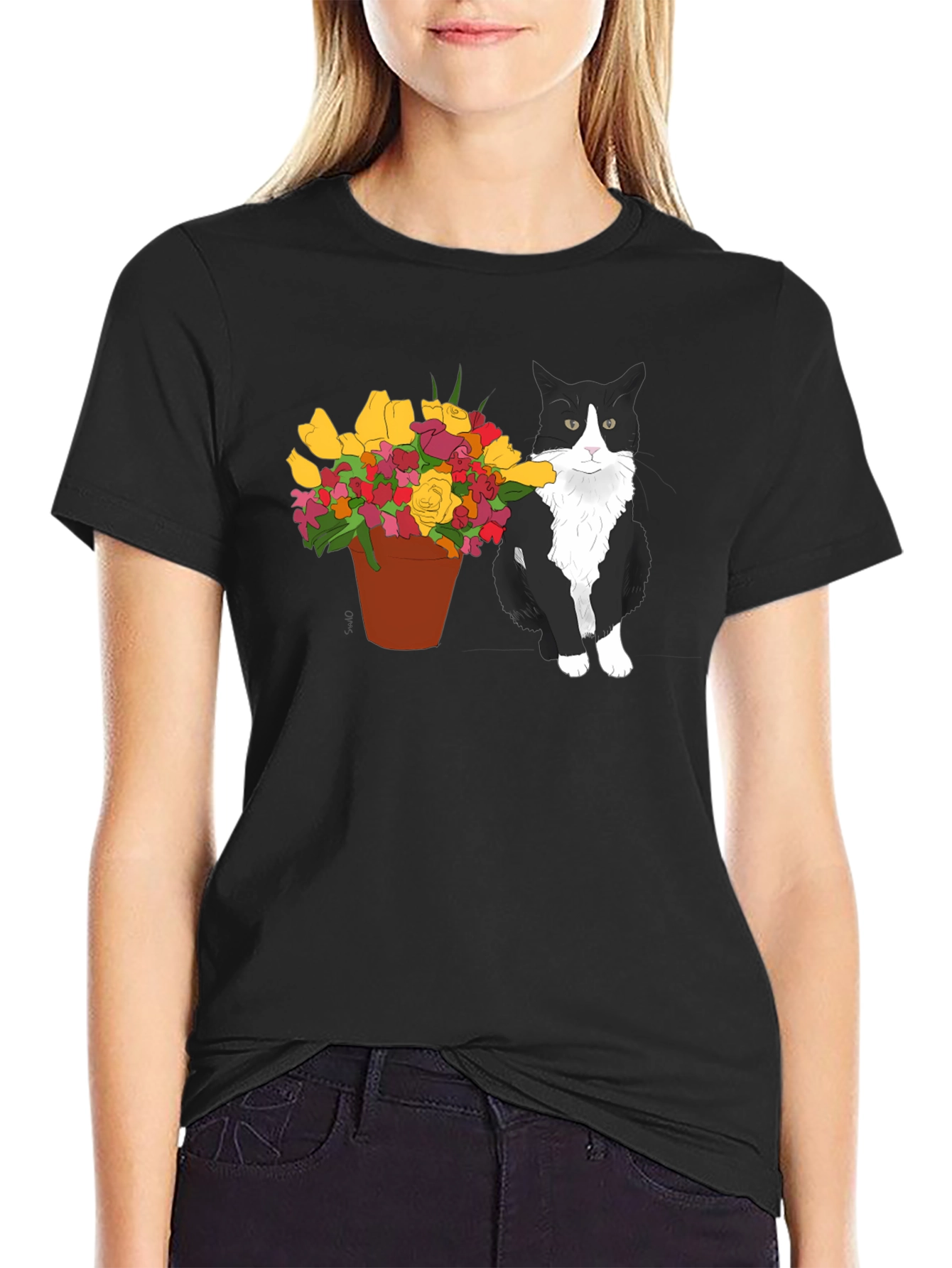 Cat with Flowers Graphic T-Shirt