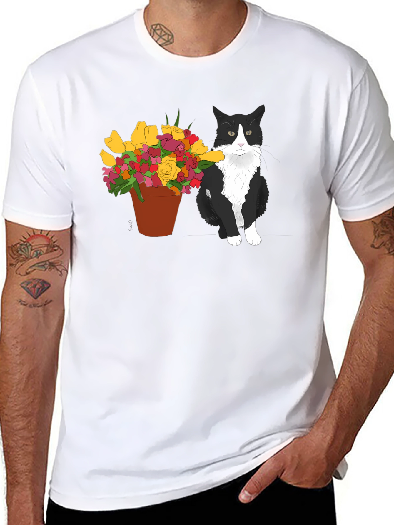 Cat with Flowers Graphic T-Shirt