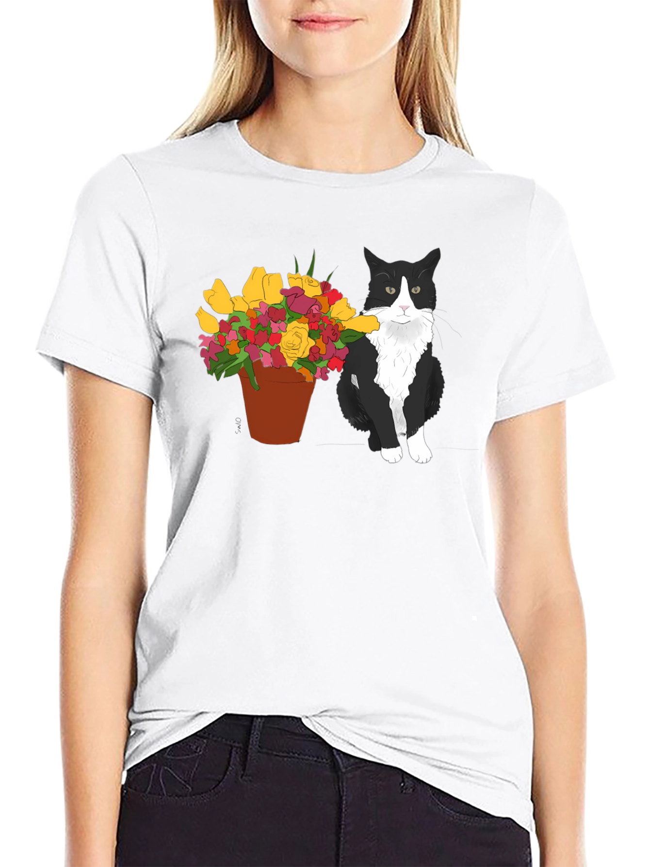 Cat with Flowers Graphic T-Shirt