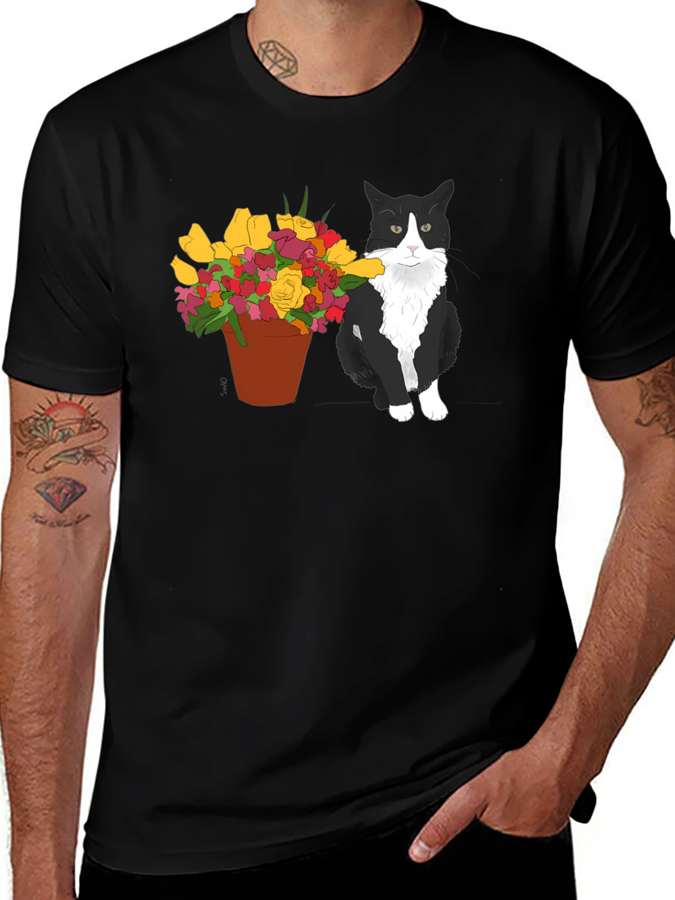 Cat with Flowers Graphic T-Shirt