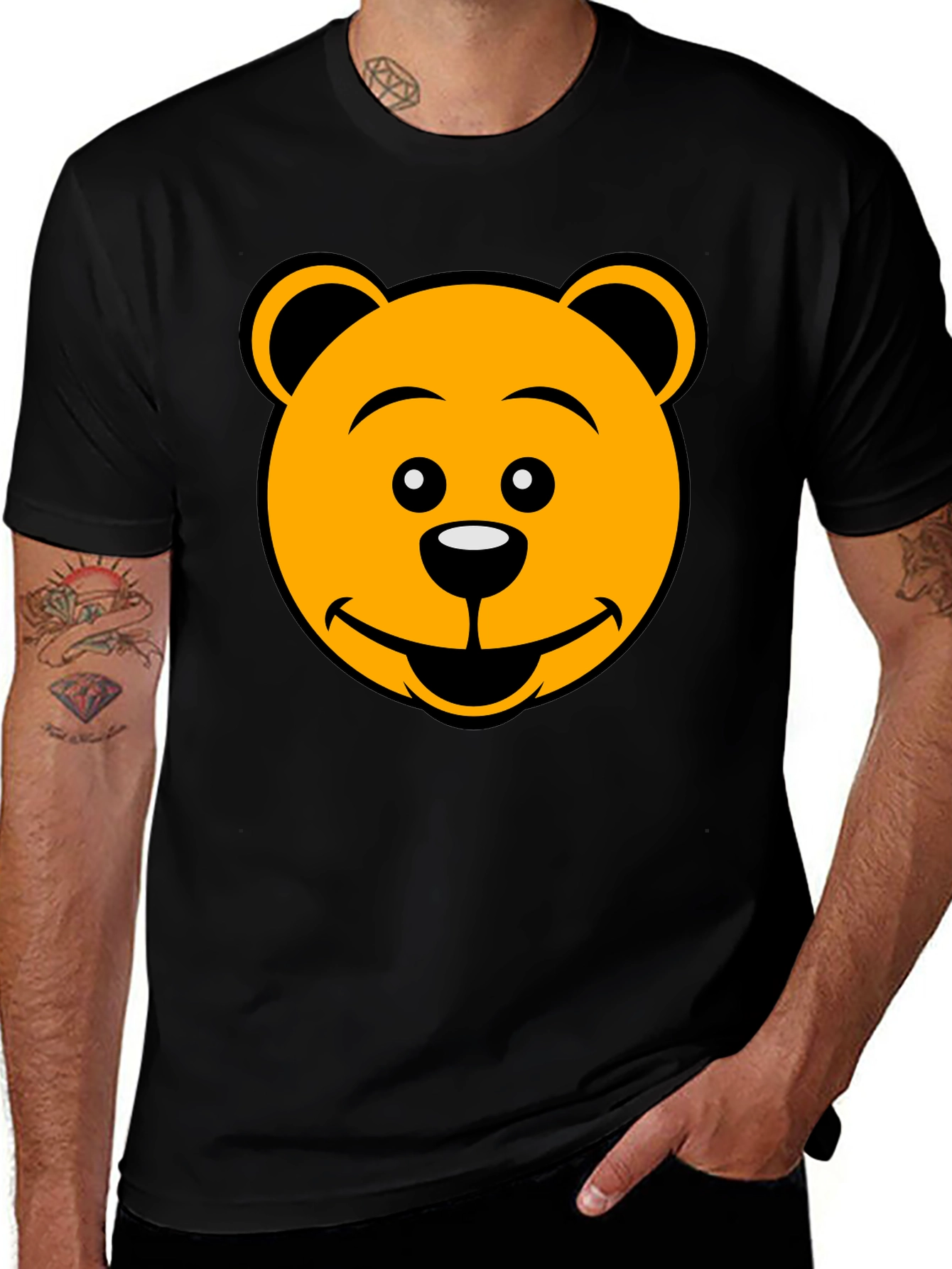 Cartoon Bear Face Graphic Tee - Black T-Shirt