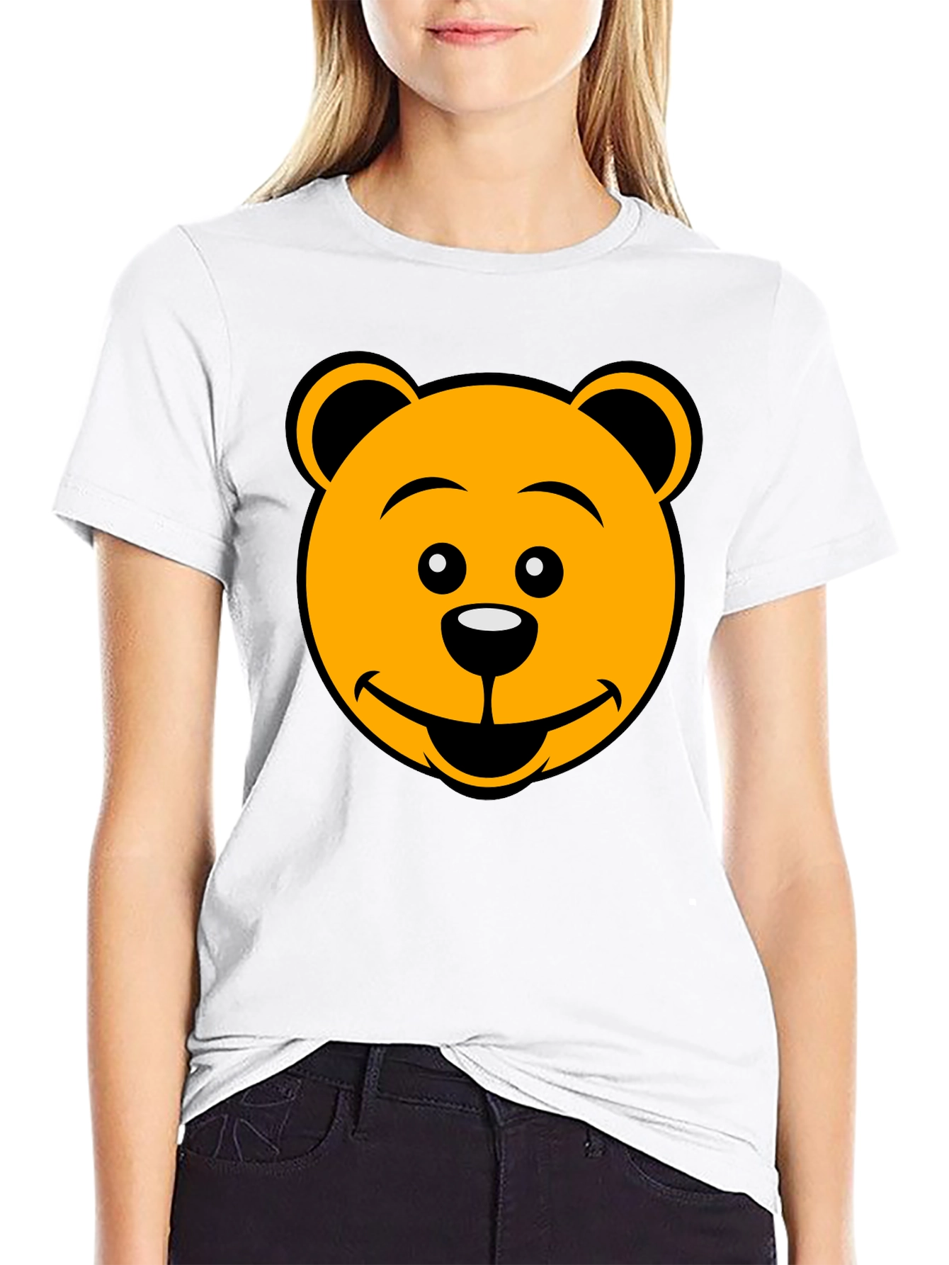 Cartoon Bear Face Graphic Tee - Black T-Shirt