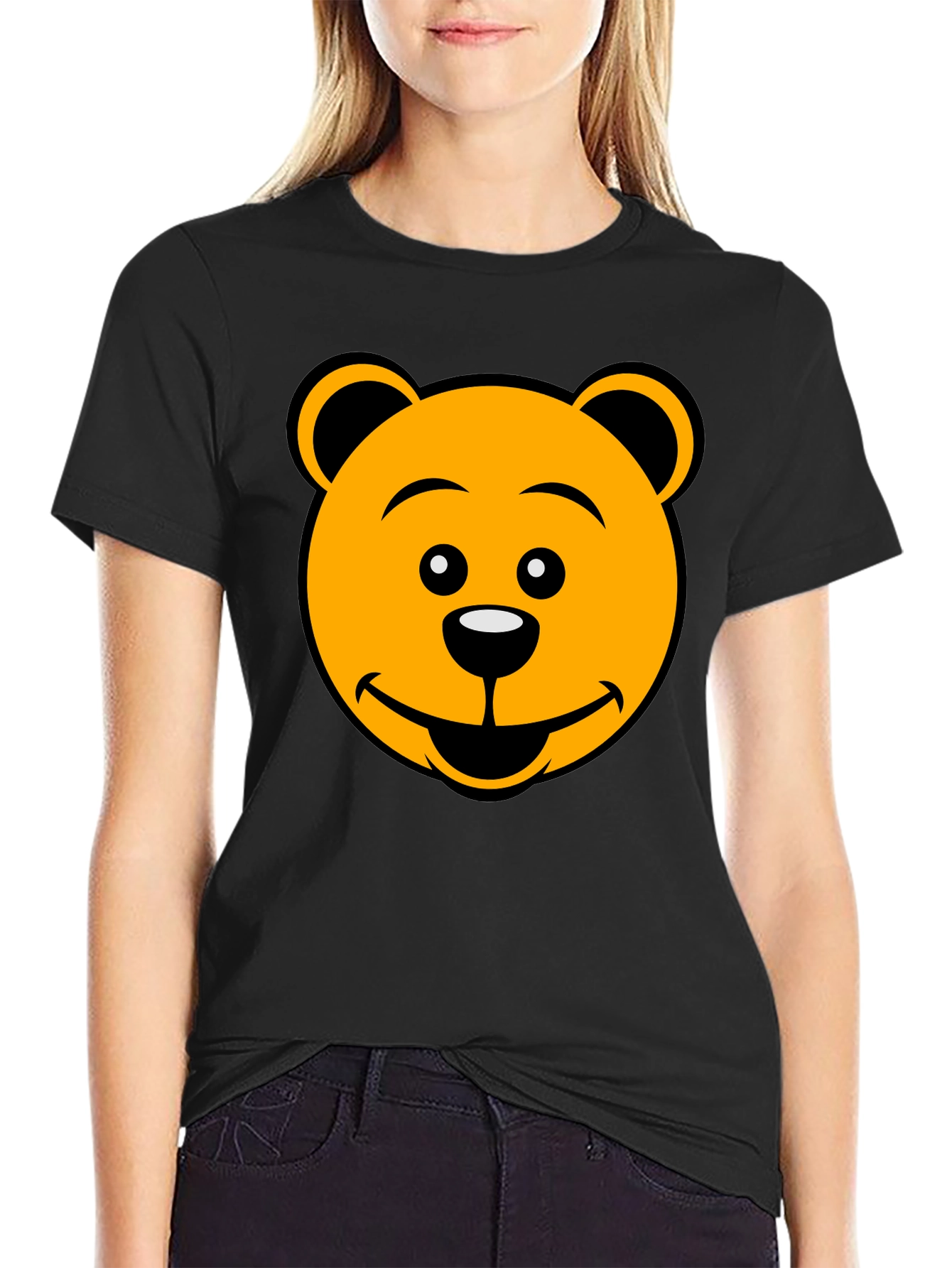 Cartoon Bear Face Graphic Tee - Black T-Shirt