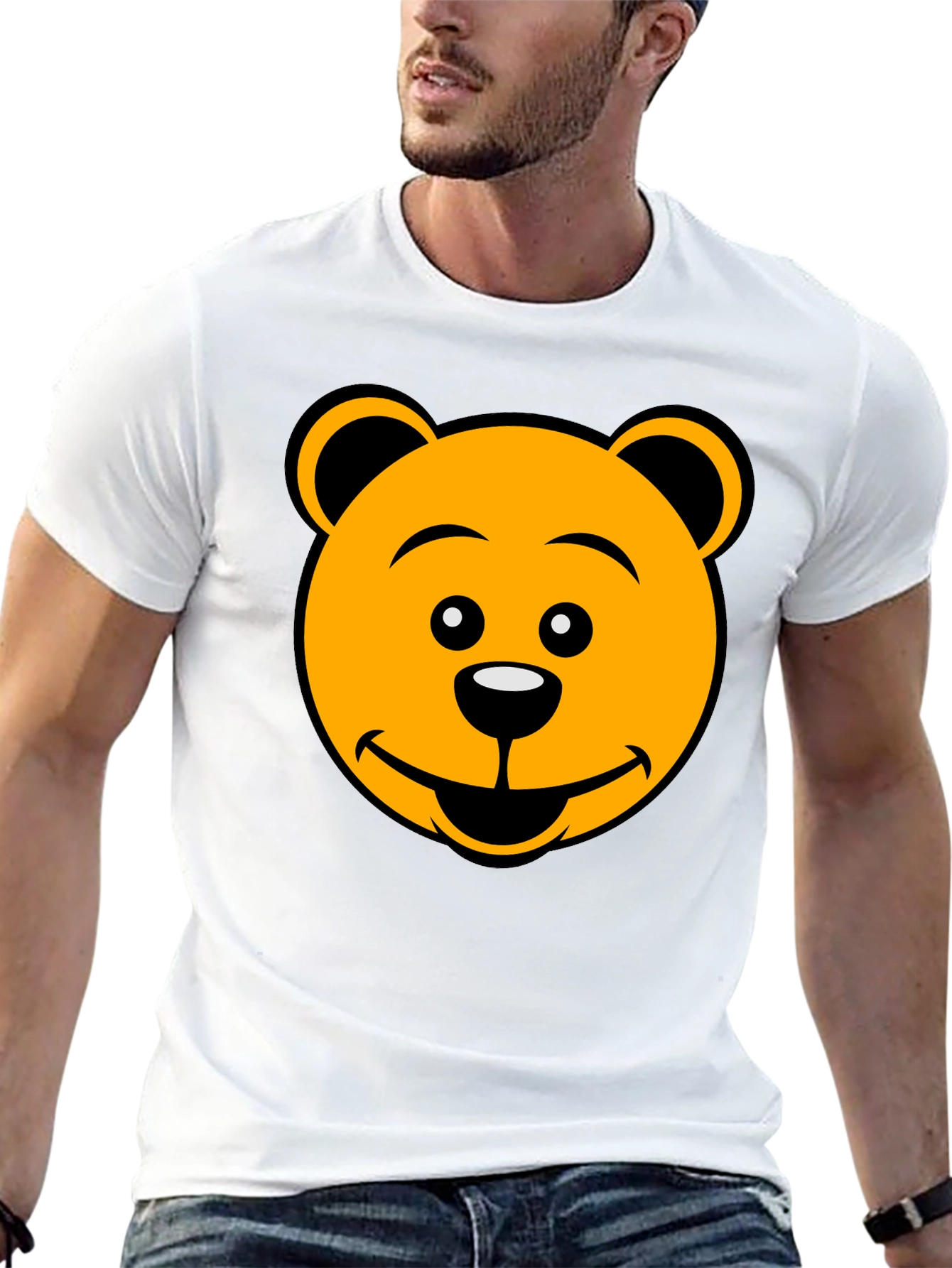Cartoon Bear Face Graphic Tee - Black T-Shirt