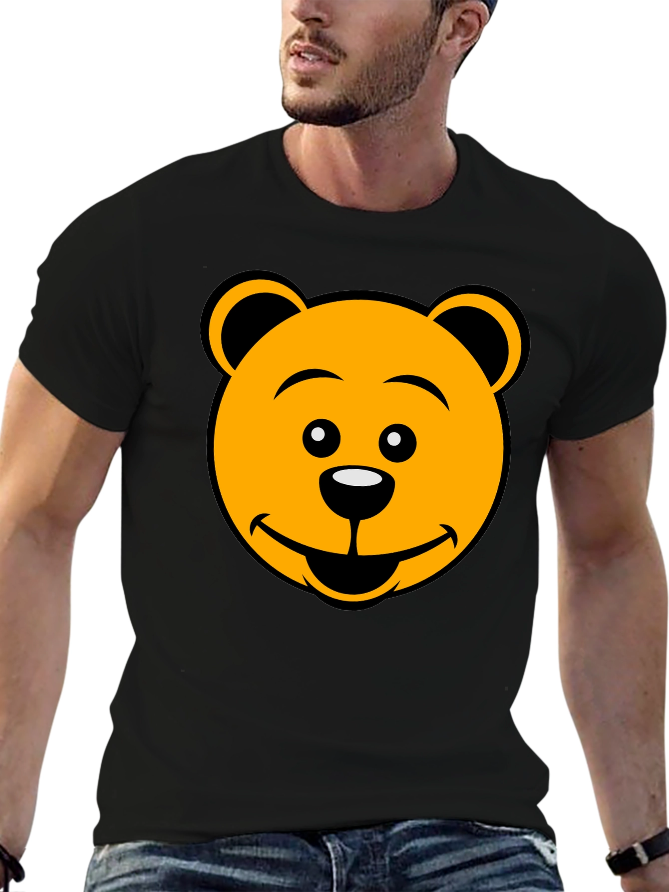 Cartoon Bear Face Graphic Tee - Black T-Shirt