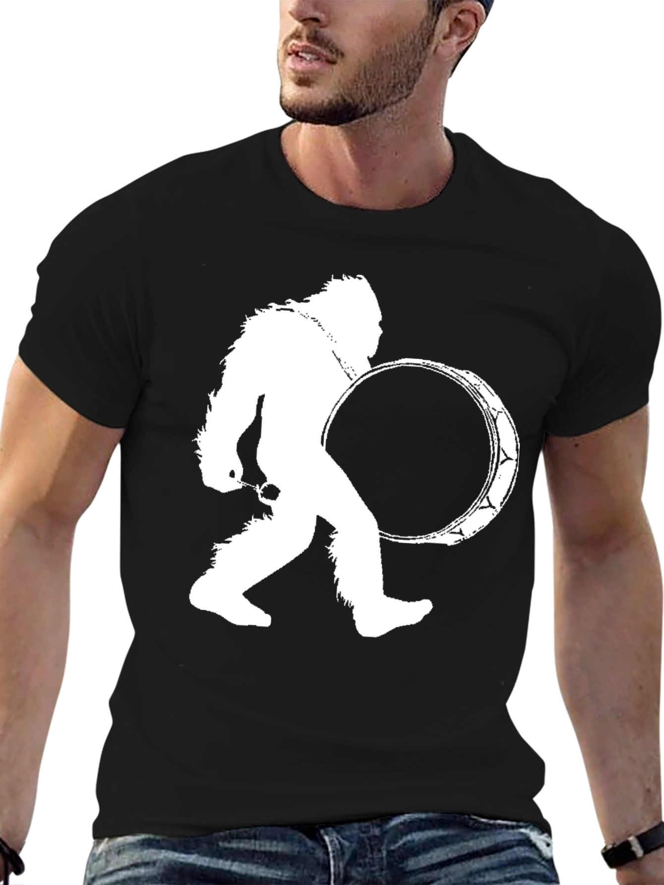 Bigfoot Drummer Black T-Shirt - Cryptid Sasquatch Tee